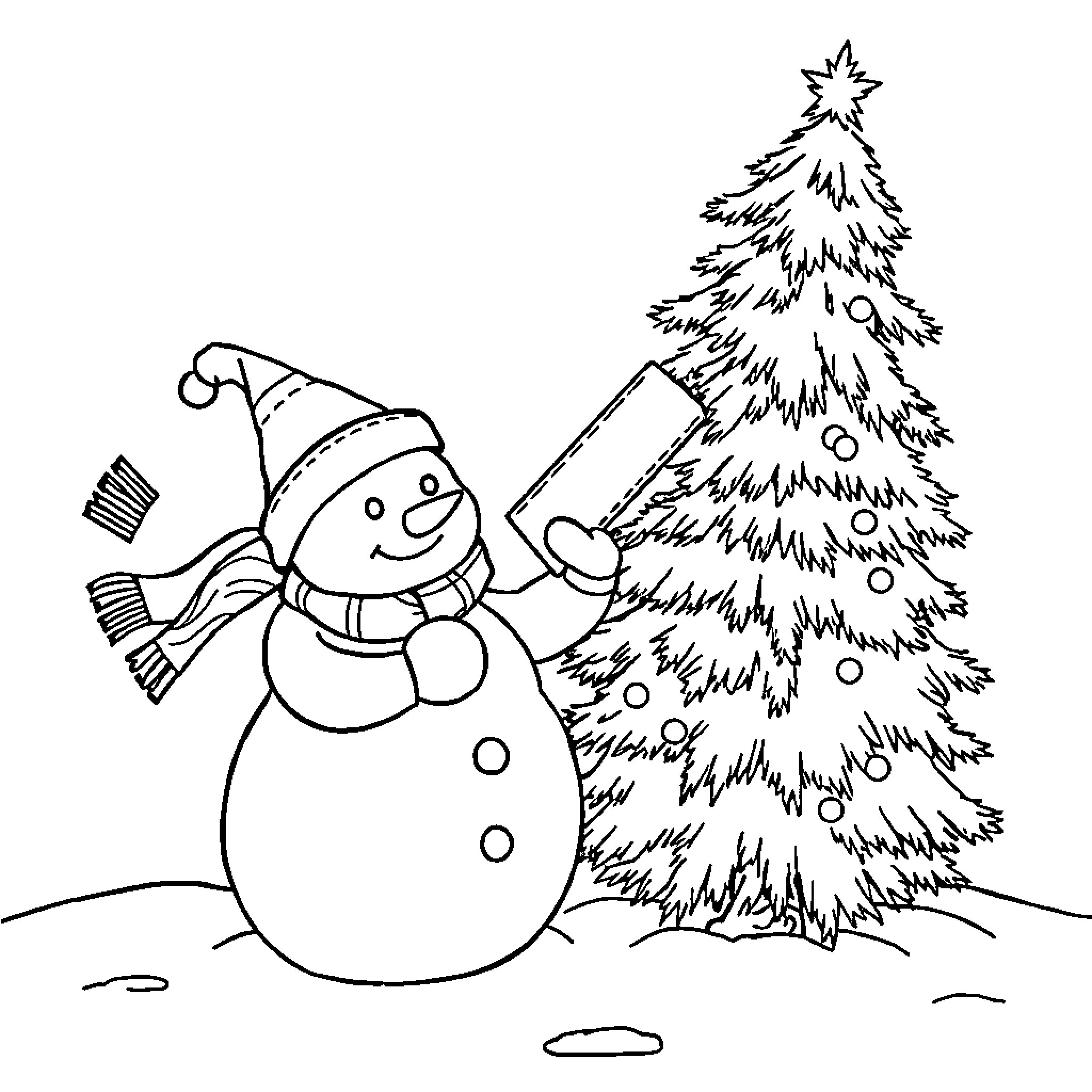 Snowman building a Christmas tree in the snow Coloring Page (free black-and-white line drawing printable PDF for all, from beginners to advanced learners, including children, teens, adults, and seniors)