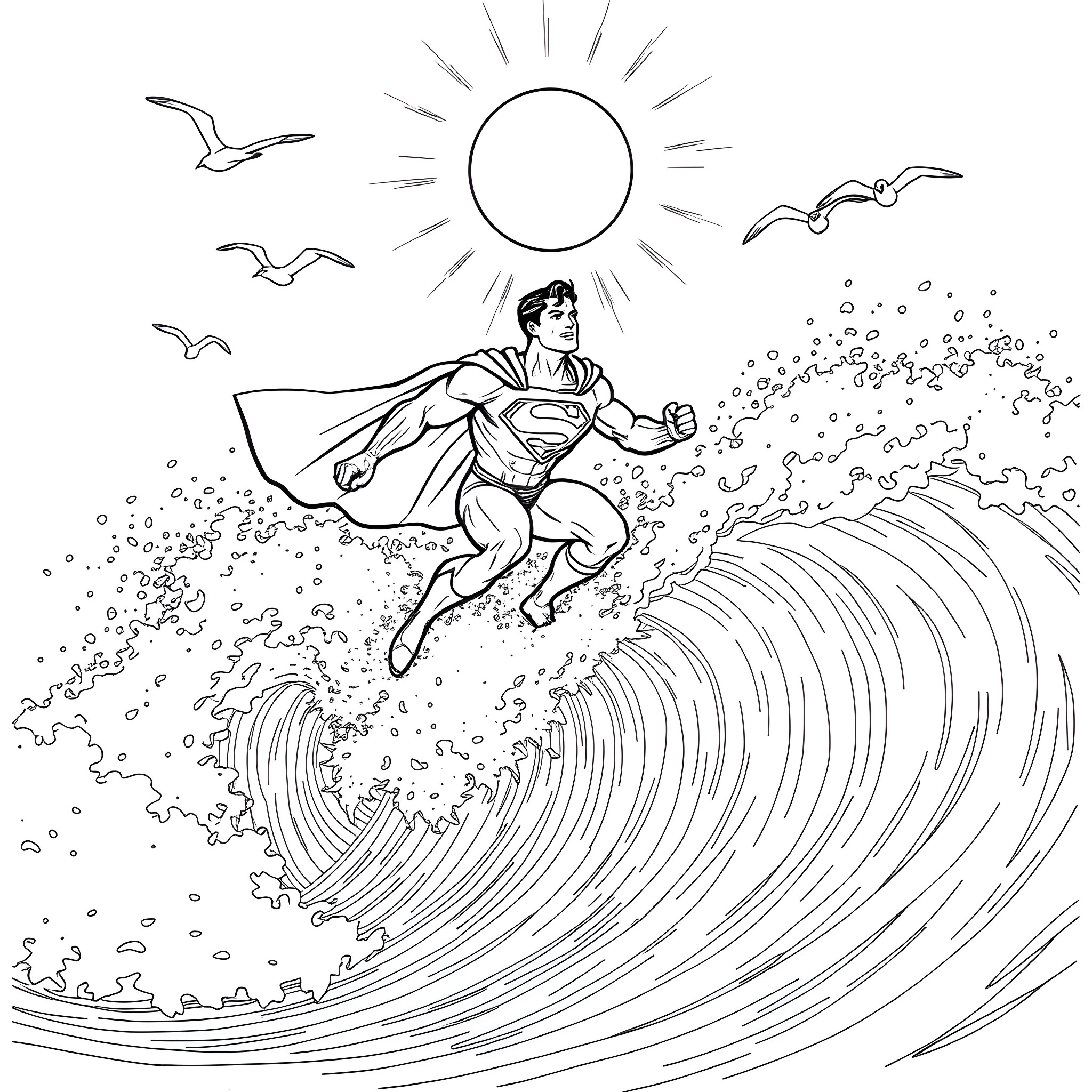 Superman surfing a mighty wave with birds soaring Coloring Page (free black-and-white line drawing printable PDF for all, from beginners to advanced learners, including children, teens, adults, and seniors)