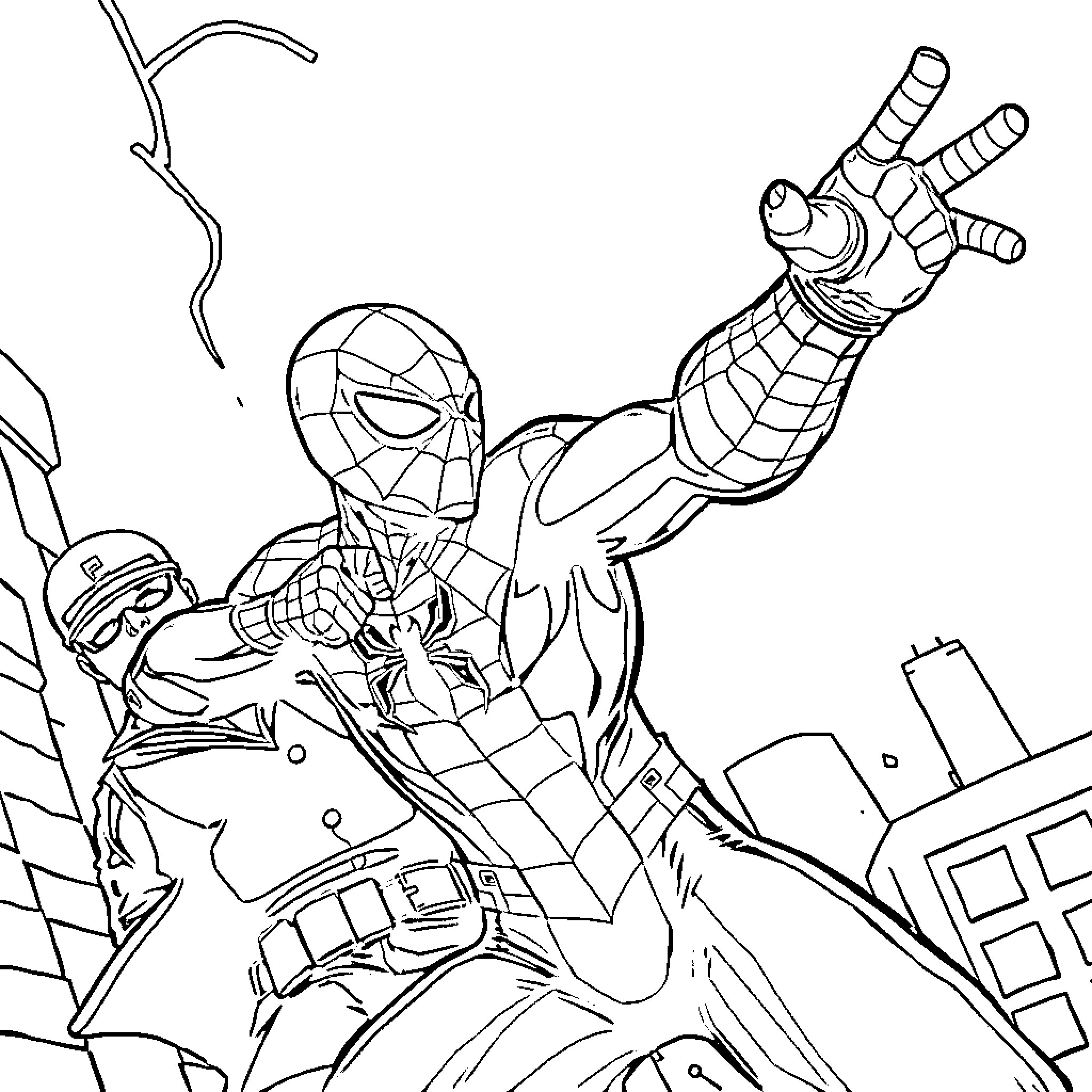 Spider-Man swinging into action against foes Coloring Page (free black-and-white line drawing printable PDF for all, from beginners to advanced learners, including children, teens, adults, and seniors)