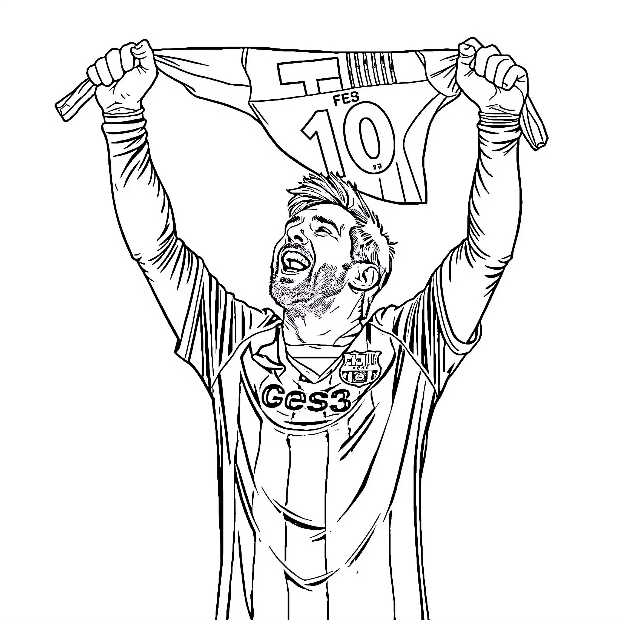 Messi celebrates in ecstatic joy after a goal Coloring Page (free black-and-white line drawing printable PDF for all, from beginners to advanced learners, including children, teens, adults, and seniors)