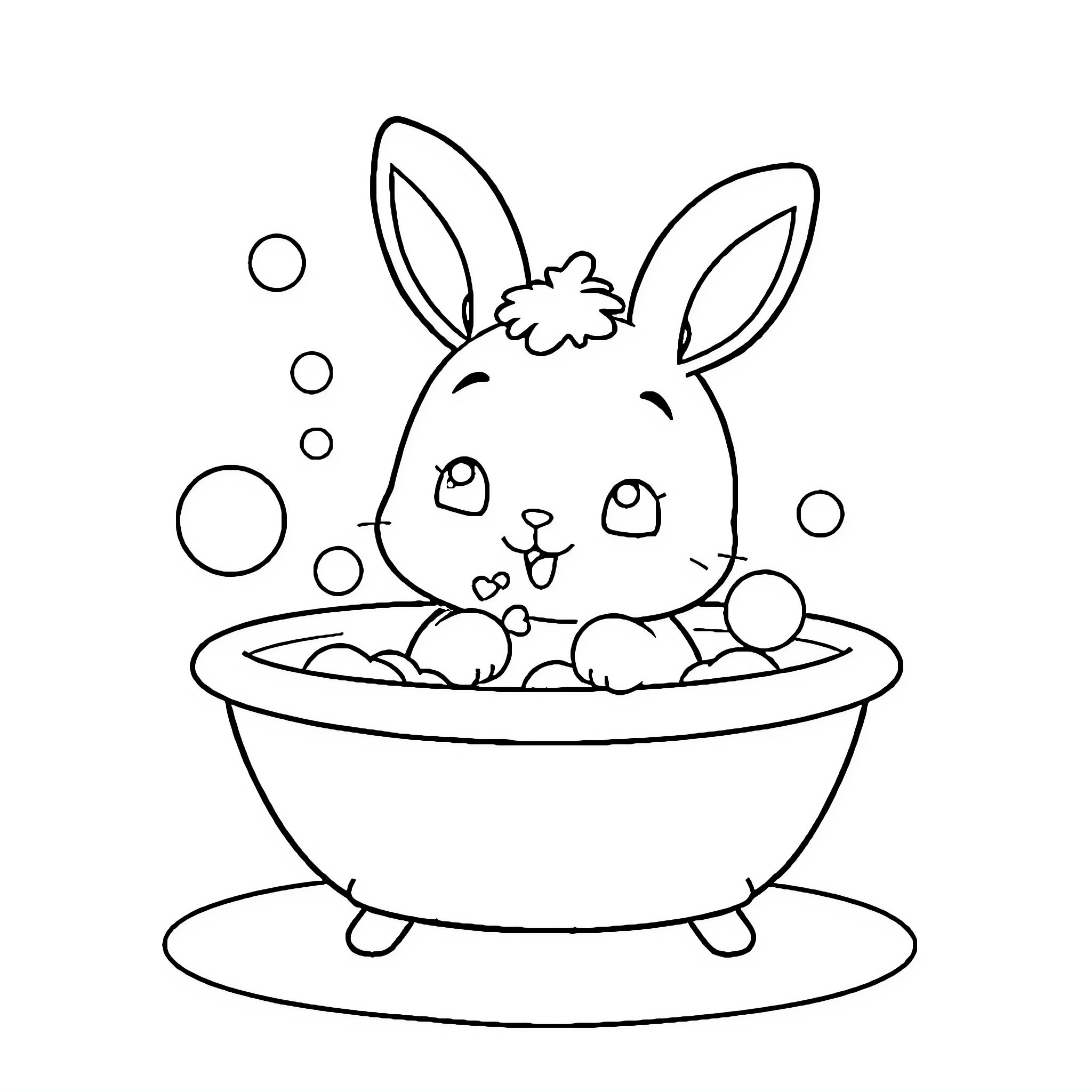 Bunny enjoying a relaxing bubble bath Coloring Page (free black-and-white line drawing printable PDF for all, from beginners to advanced learners, including children, teens, adults, and seniors)