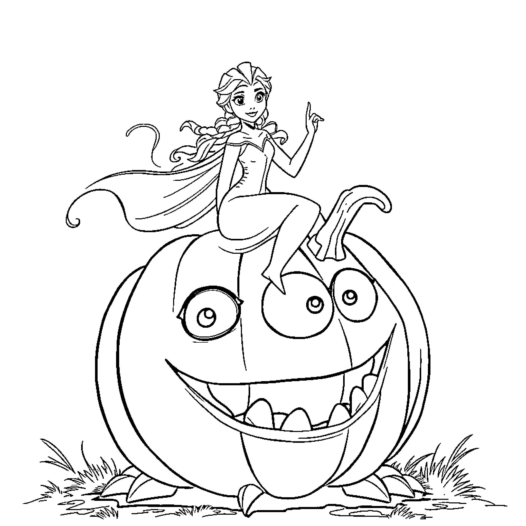 Elsa's Magical Pumpkin Adventure Coloring Page (free black-and-white line drawing printable PDF for all, from beginners to advanced learners, including children, teens, adults, and seniors)