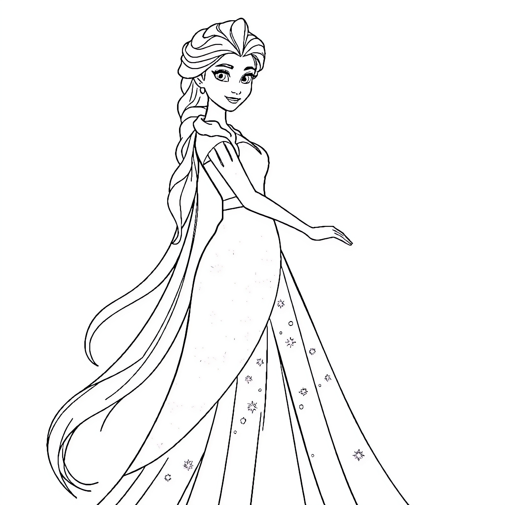 Elsa in her elegant winter gown Coloring Page (free black-and-white line drawing printable PDF for all, from beginners to advanced learners, including children, teens, adults, and seniors)