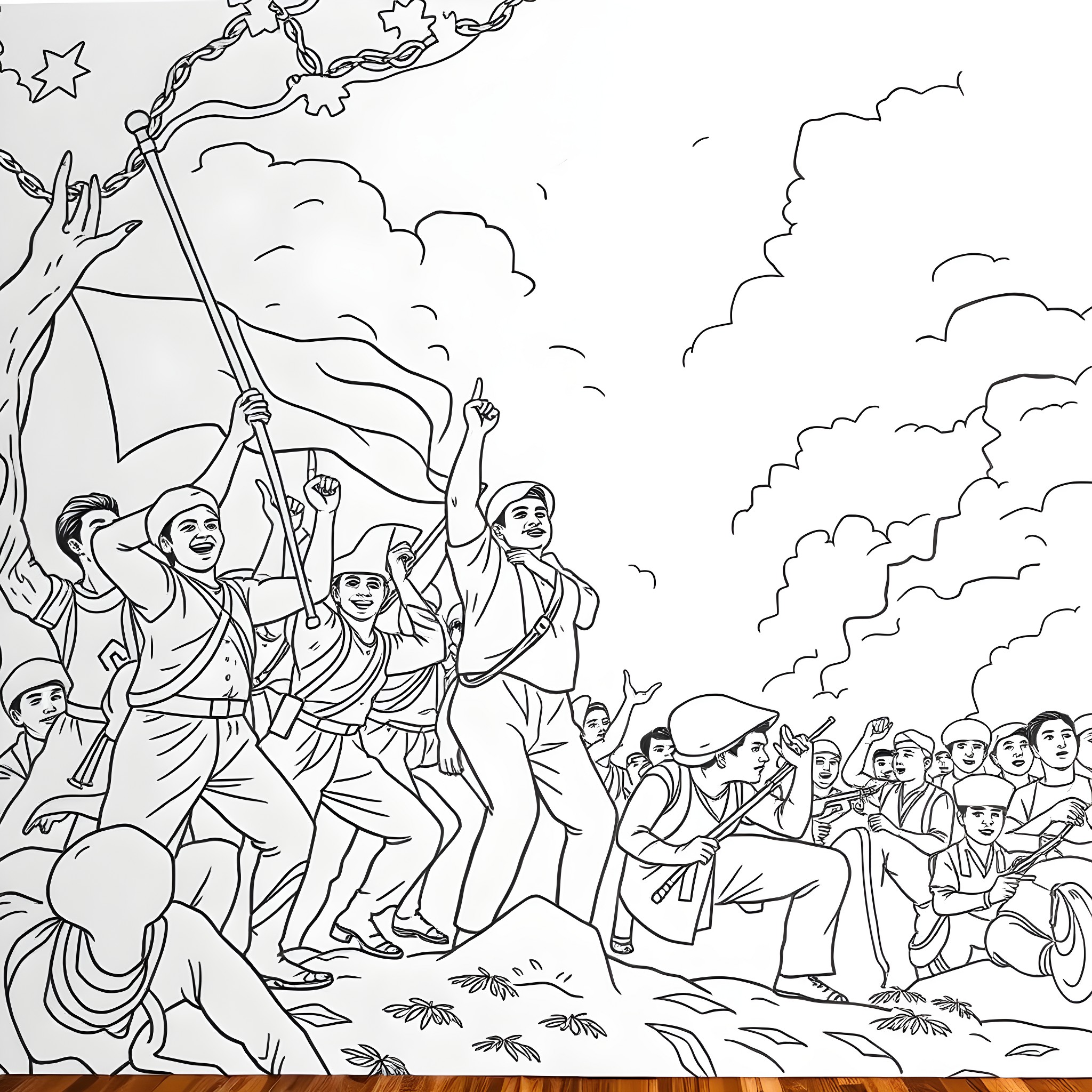 Katipunan revolutionaries marching with flags and banners Coloring Page (free black-and-white line drawing printable PDF for all, from beginners to advanced learners, including children, teens, adults, and seniors)