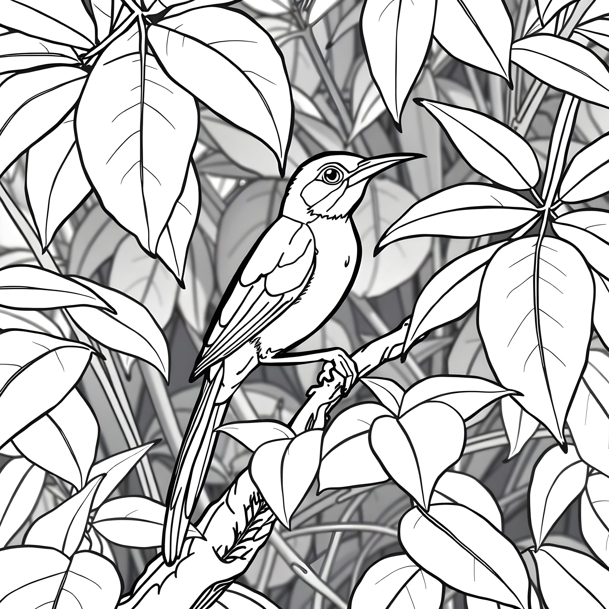Phyllobates bird amidst lush foliage Coloring Page (free black-and-white line drawing printable PDF for all, from beginners to advanced learners, including children, teens, adults, and seniors)