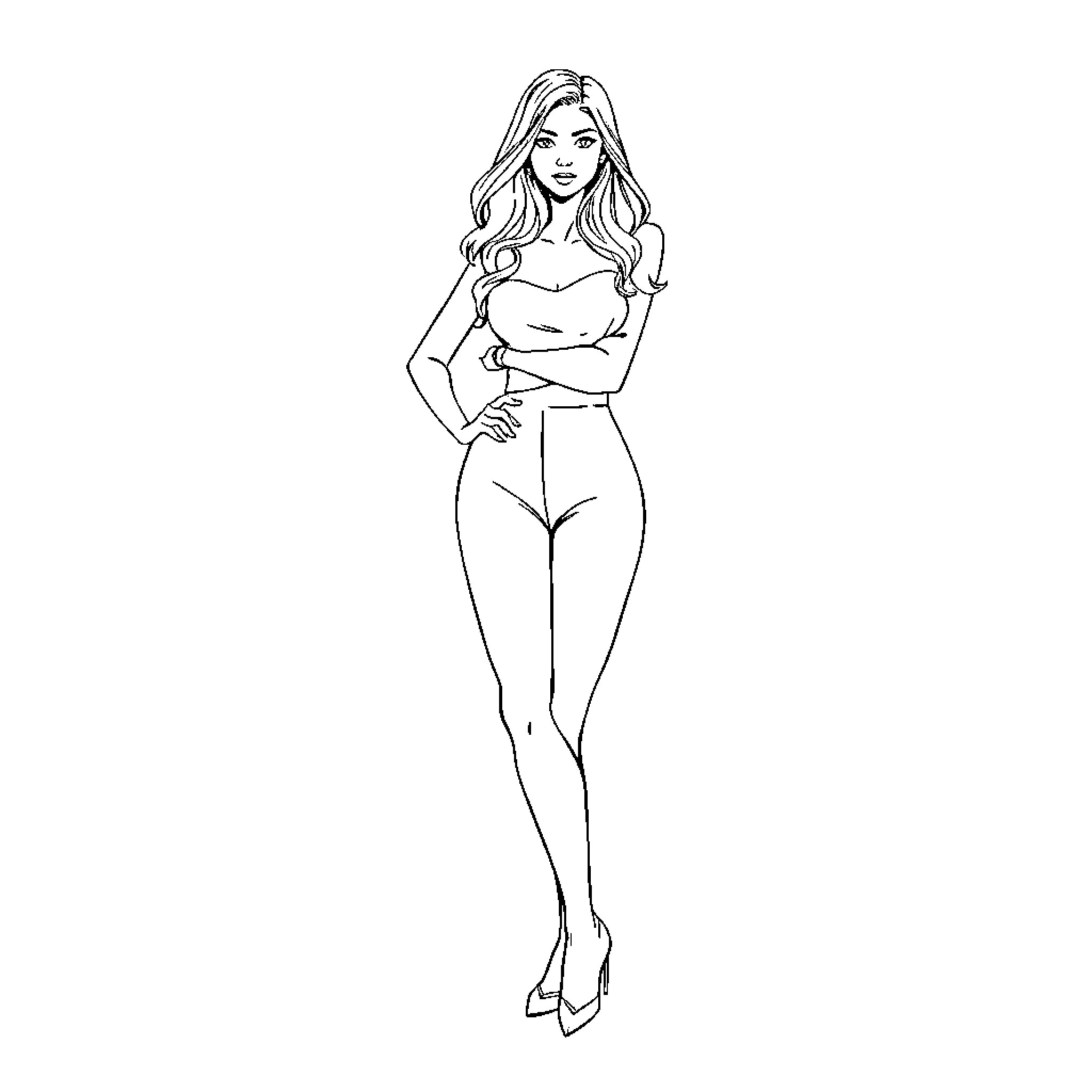 Woman standing confidently with crossed arms Coloring Page (free black-and-white line drawing printable PDF for all, from beginners to advanced learners, including children, teens, adults, and seniors)
