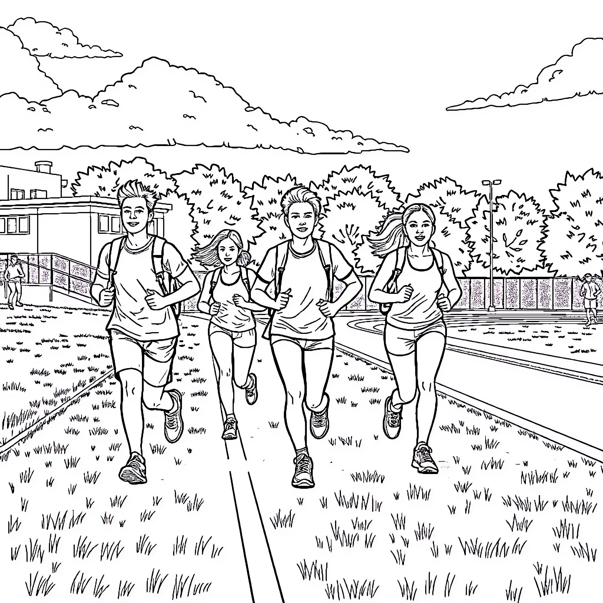 Students jogging together outdoors Coloring Page (free black-and-white line drawing printable PDF for all, from beginners to advanced learners, including children, teens, adults, and seniors)