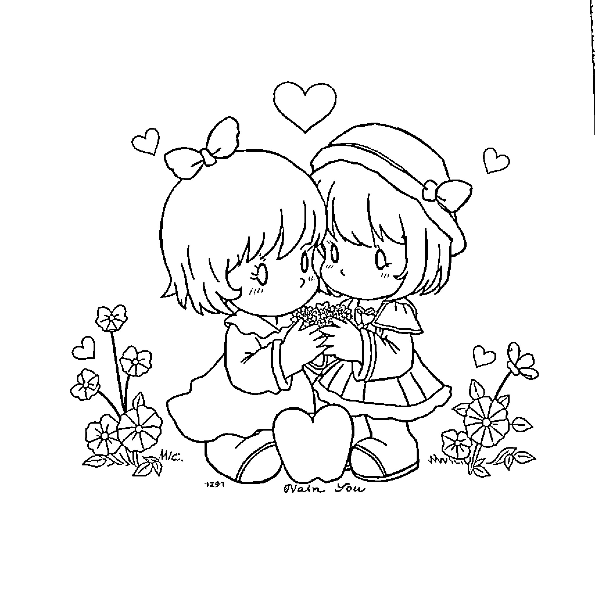 Book of Two Young Girls Playing in Flower Garden Coloring Page (free black-and-white line drawing printable PDF for all, from beginners to advanced learners, including children, teens, adults, and seniors)