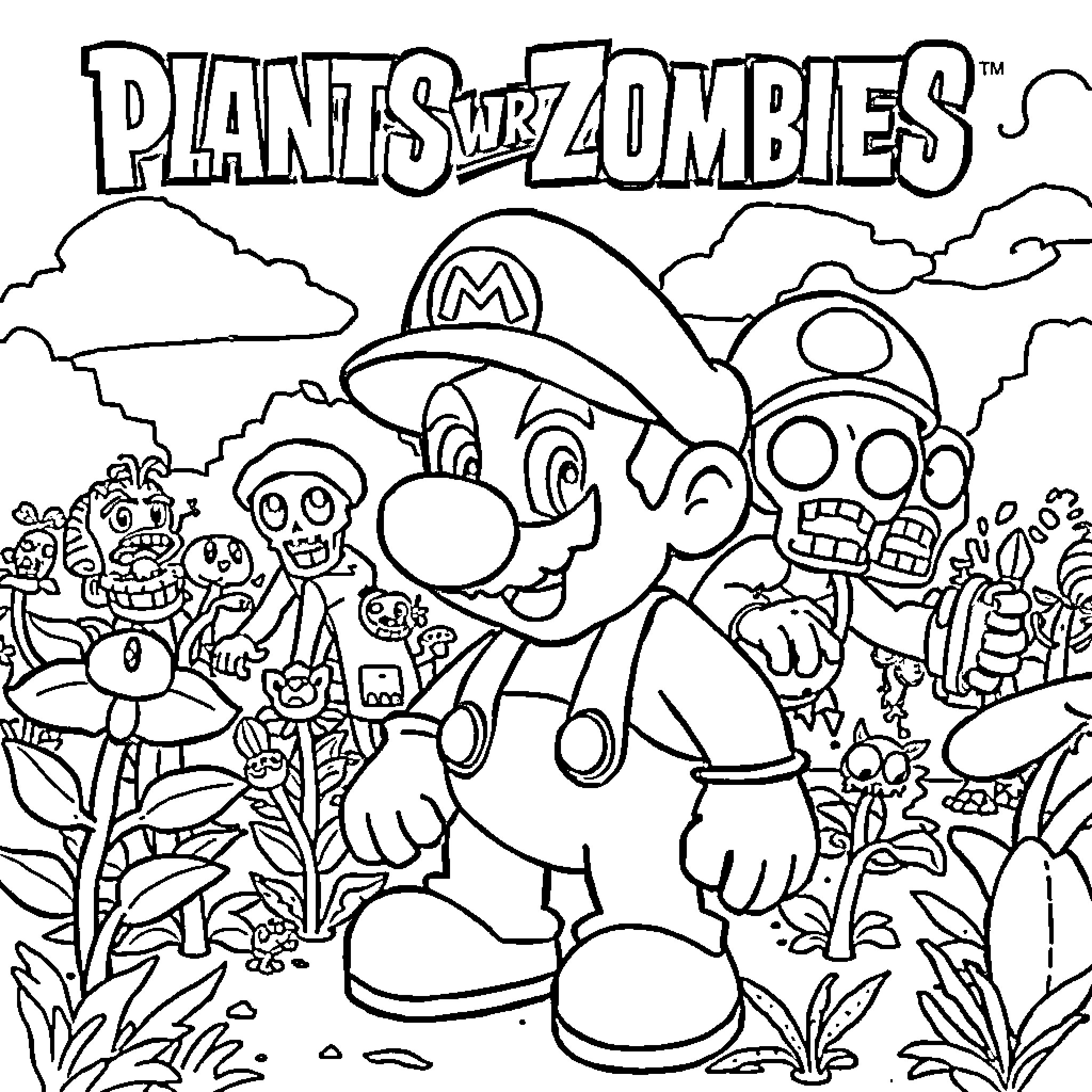 Plant-based zombies adventure in the colorful garden Coloring Page (free black-and-white line drawing printable PDF for all, from beginners to advanced learners, including children, teens, adults, and seniors)