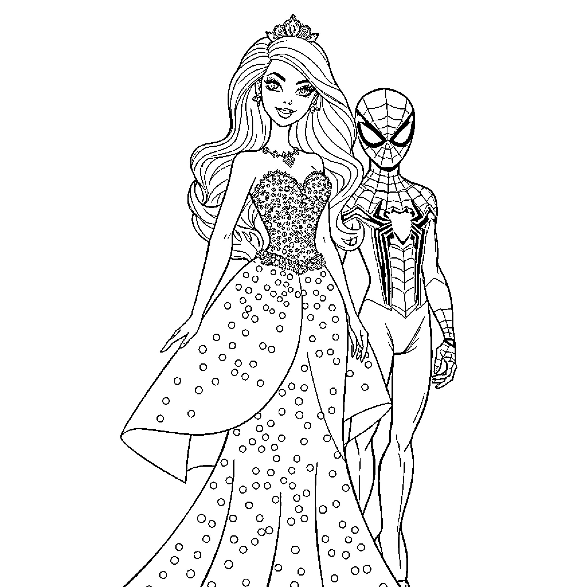 Barbie standing beside Spider-Man in fancy dress Coloring Page (free black-and-white line drawing printable PDF for all, from beginners to advanced learners, including children, teens, adults, and seniors)