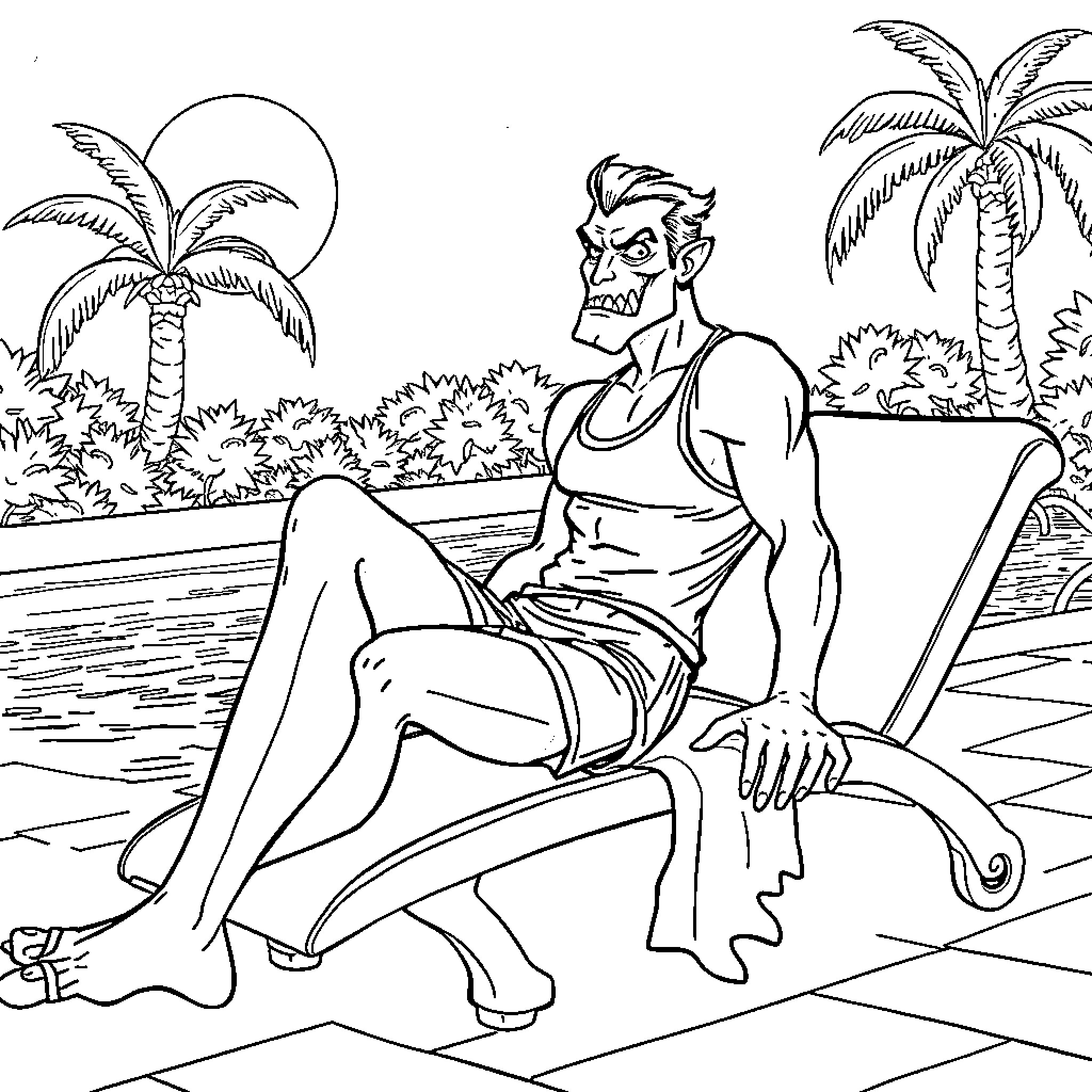 Vampire relaxing on tropical beach chair Coloring Page (free black-and-white line drawing printable PDF for all, from beginners to advanced learners, including children, teens, adults, and seniors)
