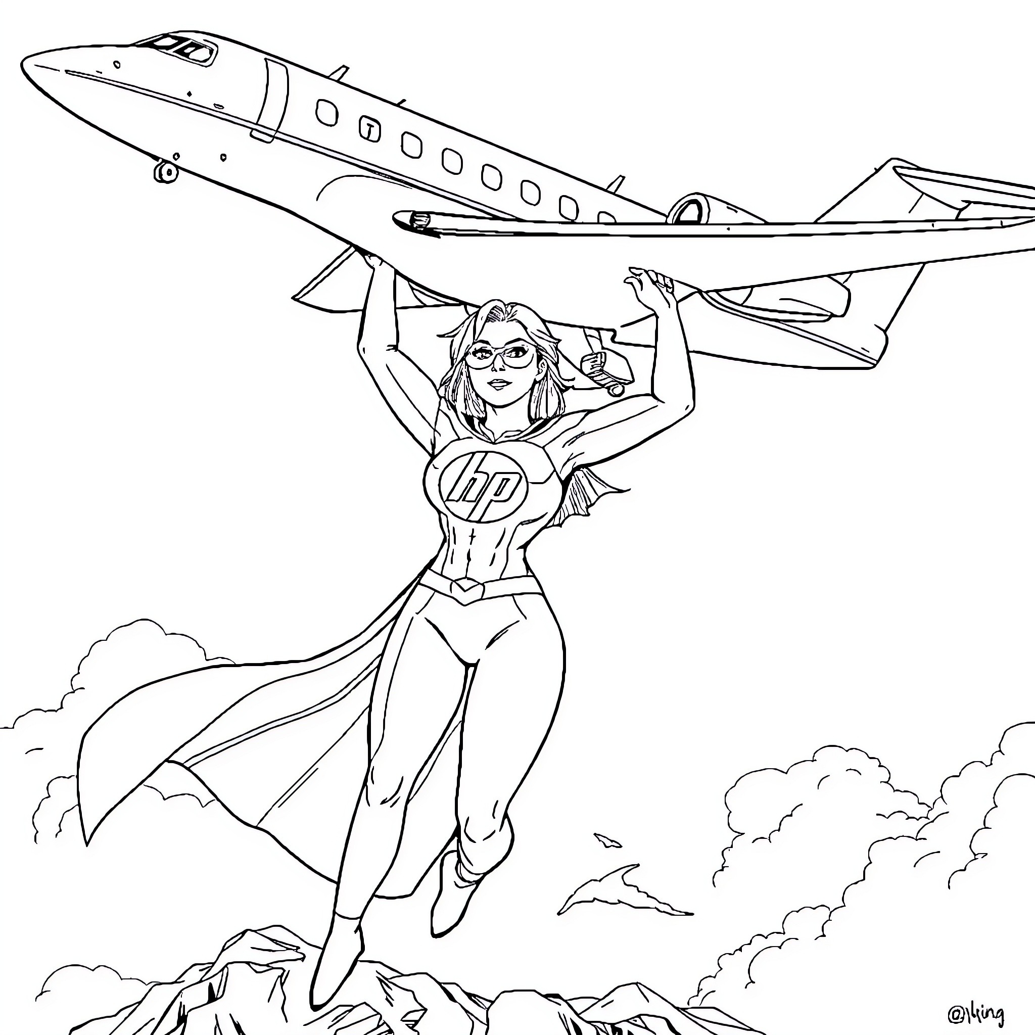 Superhero female character flying in the sky Coloring Page (free black-and-white line drawing printable PDF for all, from beginners to advanced learners, including children, teens, adults, and seniors)