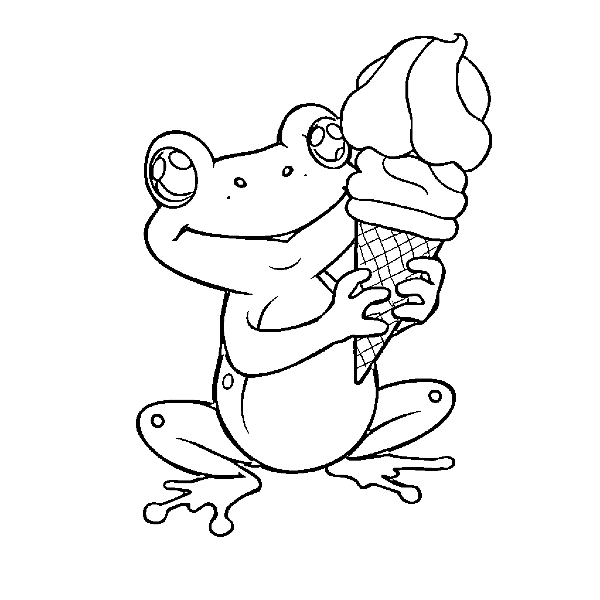 Frog enjoying ice cream on a sunny day Coloring Page (free black-and-white line drawing printable PDF for all, from beginners to advanced learners, including children, teens, adults, and seniors)