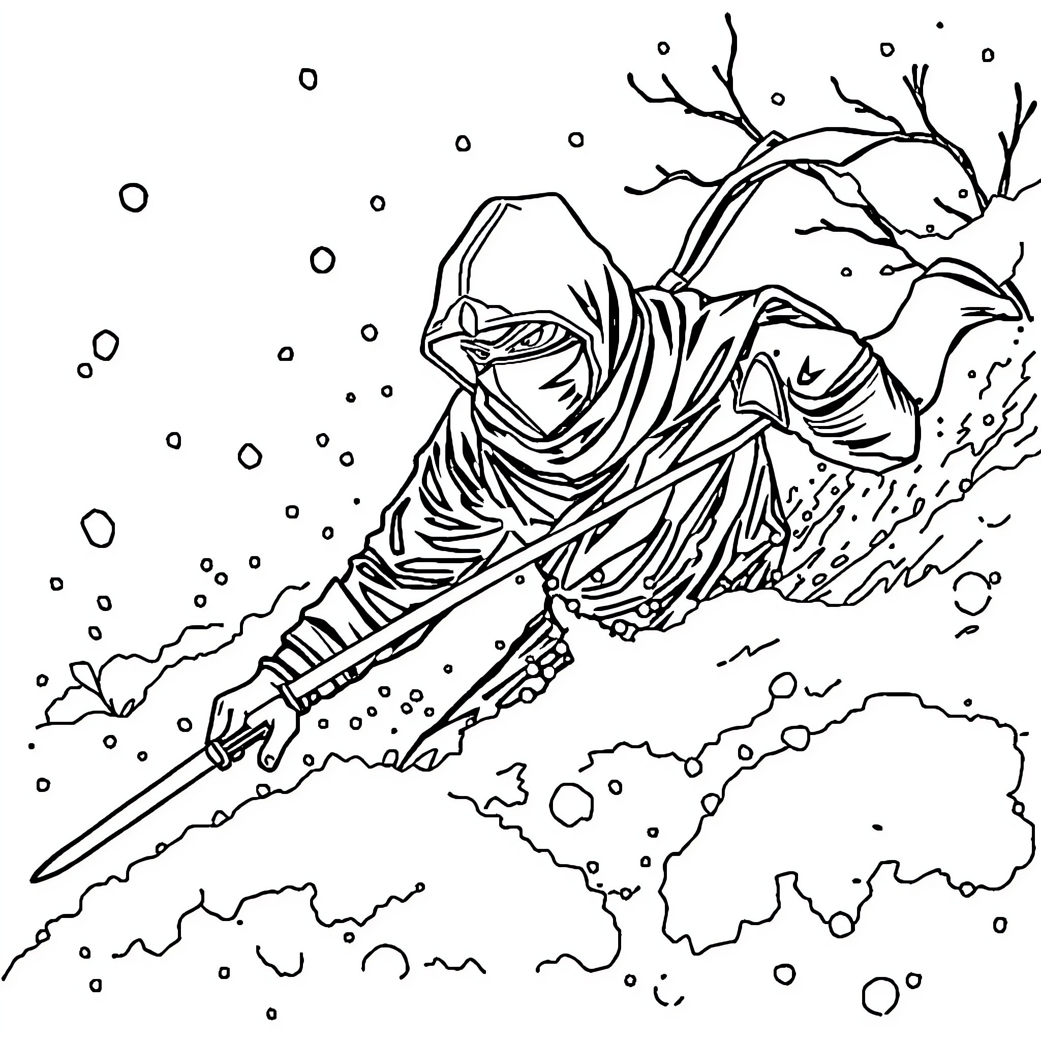 Ninja silently gliding through the snowy landscape Coloring Page (free black-and-white line drawing printable PDF for all, from beginners to advanced learners, including children, teens, adults, and seniors)