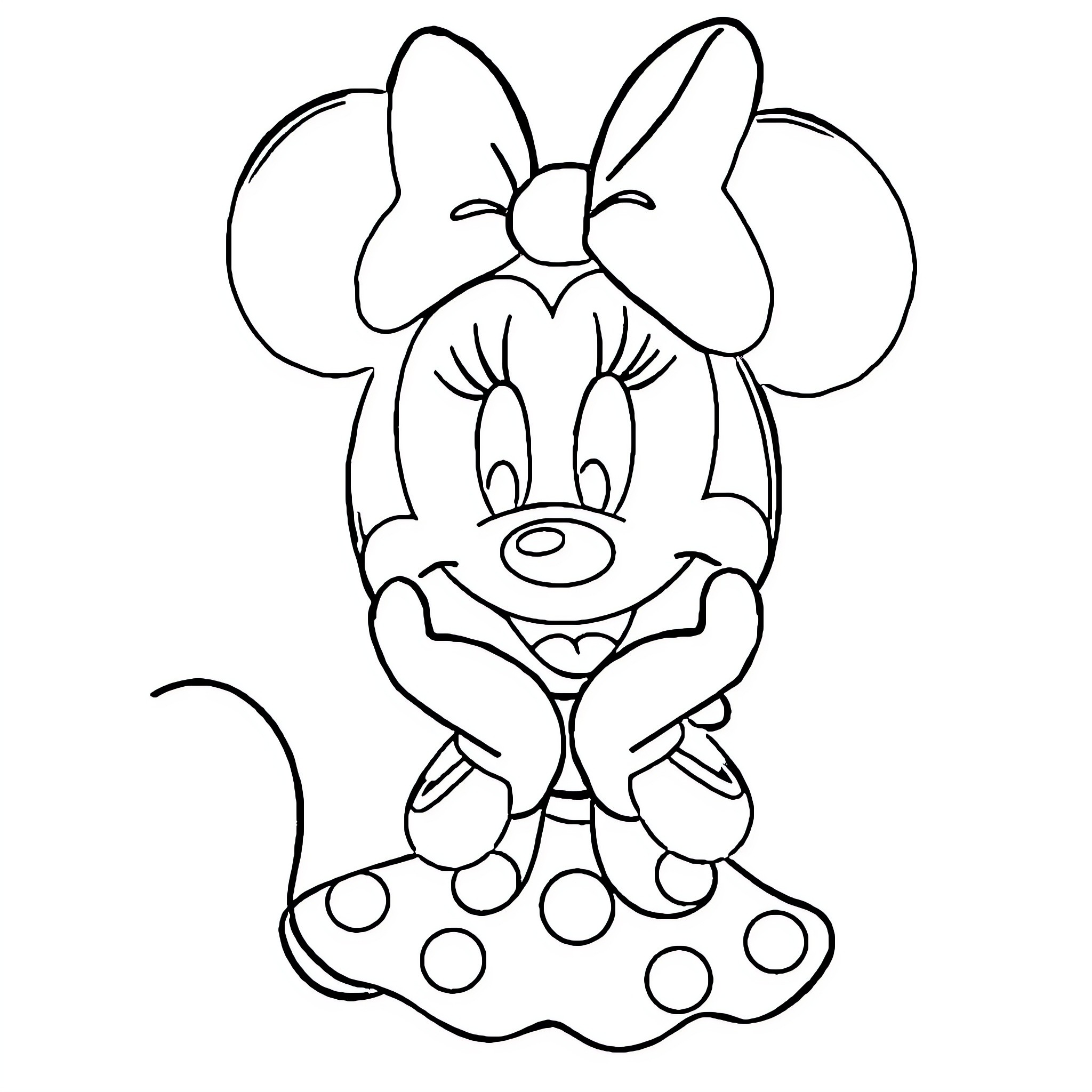 Minnie Mouse smiling and holding her hands Coloring Page (free black-and-white line drawing printable PDF for all, from beginners to advanced learners, including children, teens, adults, and seniors)