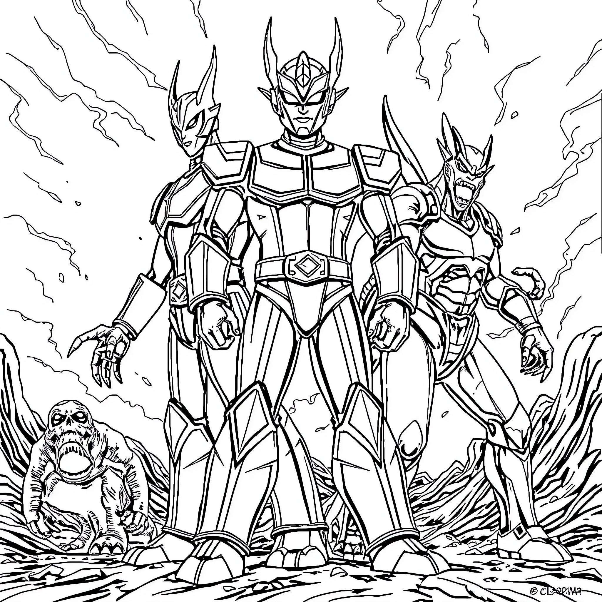 Ultramen Confronting Powerful Foes in Epic Battle Coloring Page (free black-and-white line drawing printable PDF for all, from beginners to advanced learners, including children, teens, adults, and seniors)