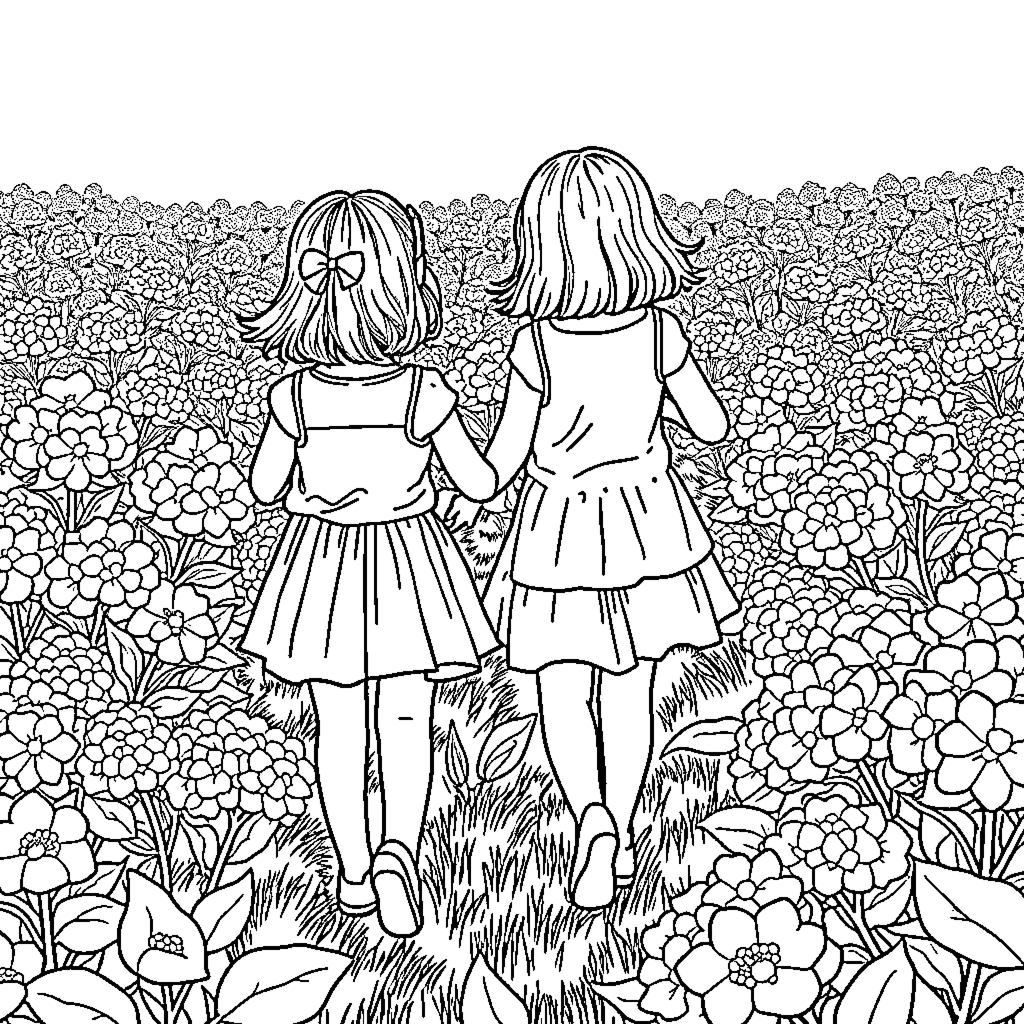 Hydrangea garden stroll with friends Coloring Page (free black-and-white line drawing printable PDF for all, from beginners to advanced learners, including children, teens, adults, and seniors)