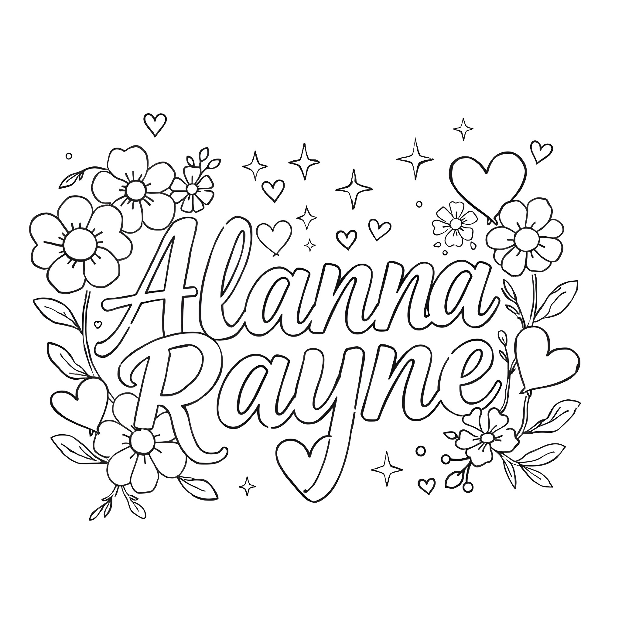 Cursive Font Floral Illustration with Name Alanna Rayne Coloring Page (free black-and-white line drawing printable PDF for all, from beginners to advanced learners, including children, teens, adults, and seniors)
