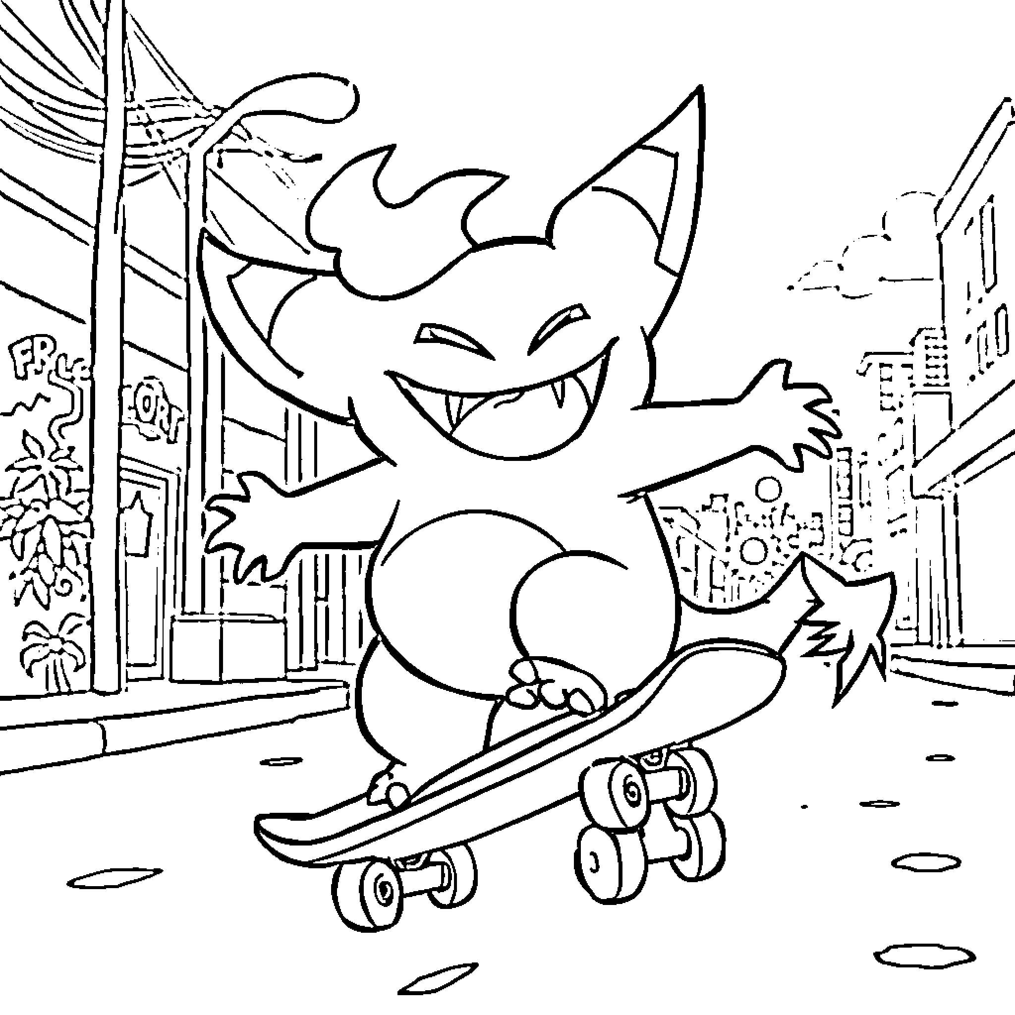 Gengar skateboarding in the city Coloring Page (free black-and-white line drawing printable PDF for all, from beginners to advanced learners, including children, teens, adults, and seniors)
