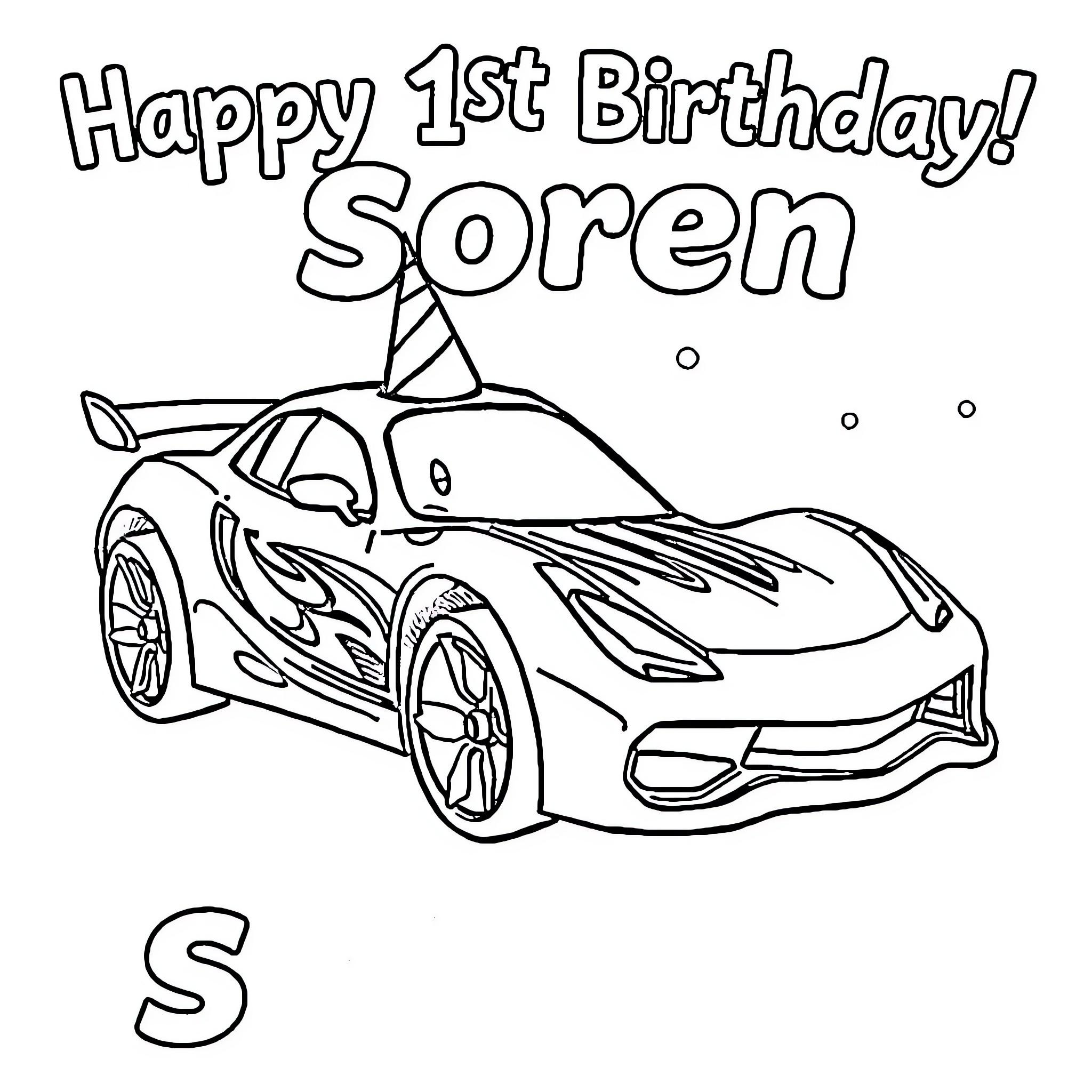 Hotwheels Car with Happy 1st Birthday Soren Coloring Page (free black-and-white line drawing printable PDF for all, from beginners to advanced learners, including children, teens, adults, and seniors)