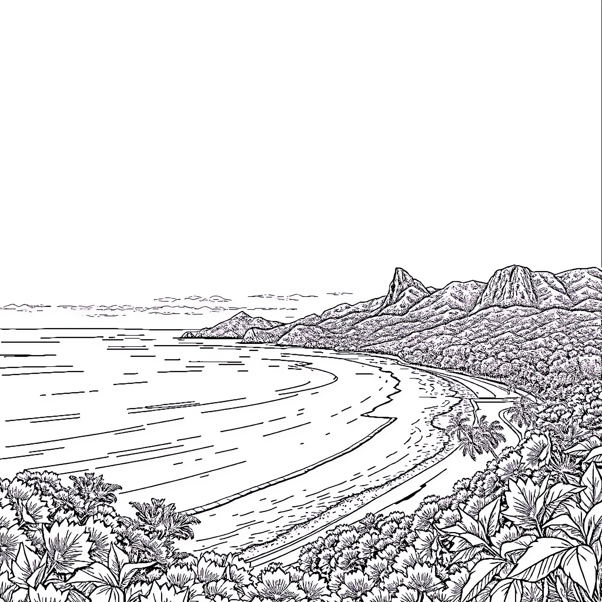 Phuket coastline with lush vegetation and scenic vista Coloring Page (free black-and-white line drawing printable PDF for all, from beginners to advanced learners, including children, teens, adults, and seniors)