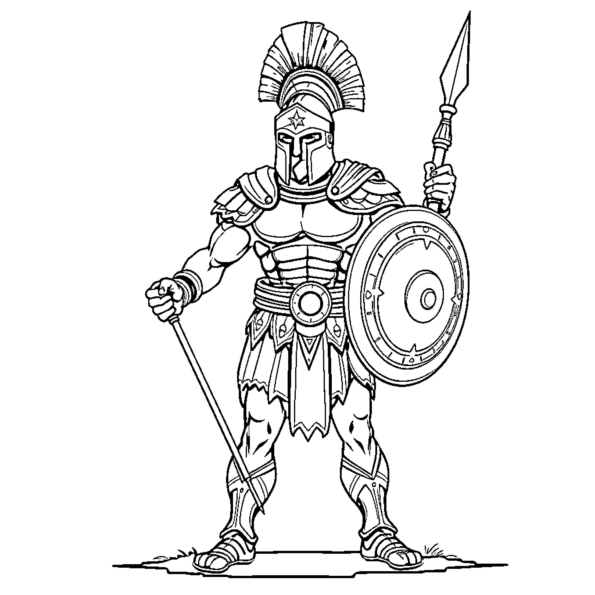 Spartan Warrior in Battle-Ready Stance Coloring Page (free black-and-white line drawing printable PDF for all, from beginners to advanced learners, including children, teens, adults, and seniors)