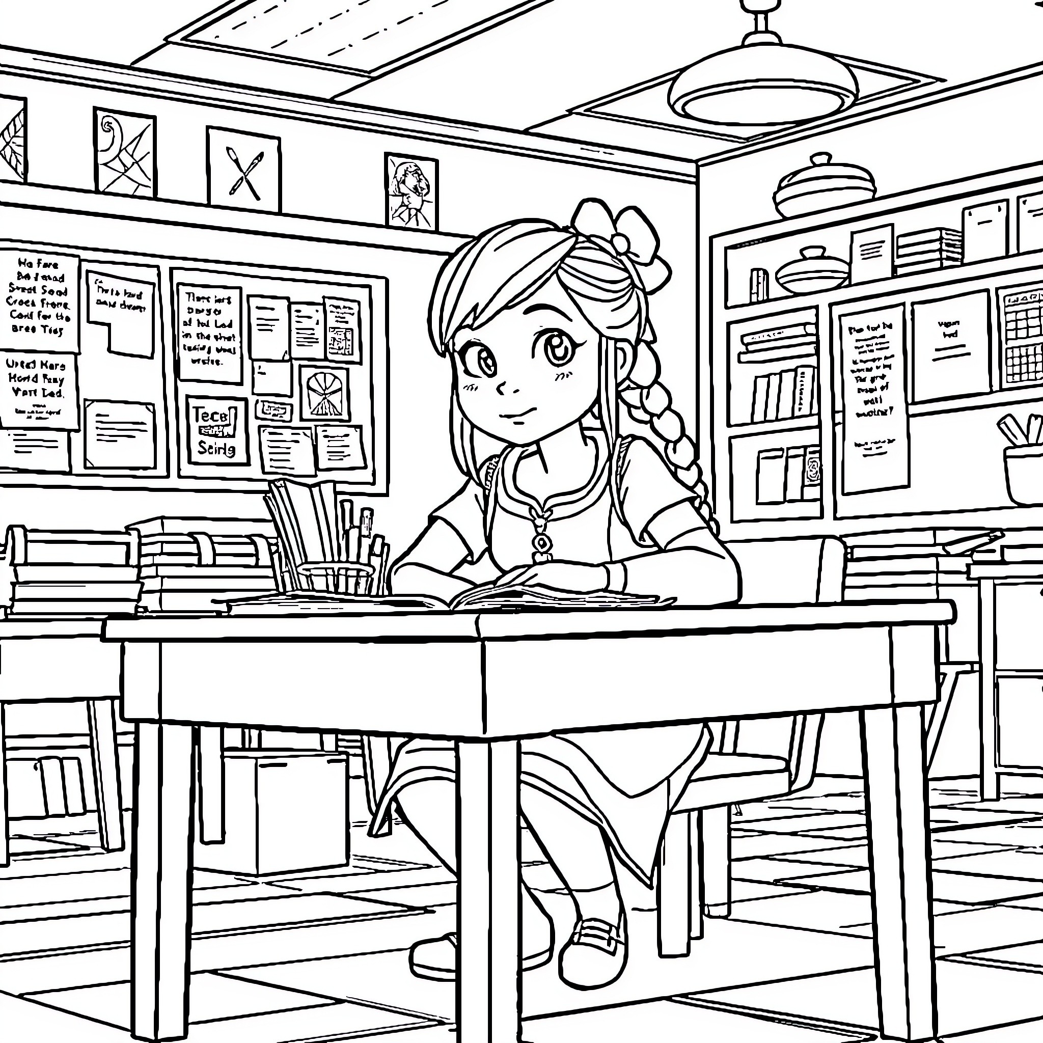Astrid Studying Diligently in the Classroom Coloring Page (free black-and-white line drawing printable PDF for all, from beginners to advanced learners, including children, teens, adults, and seniors)