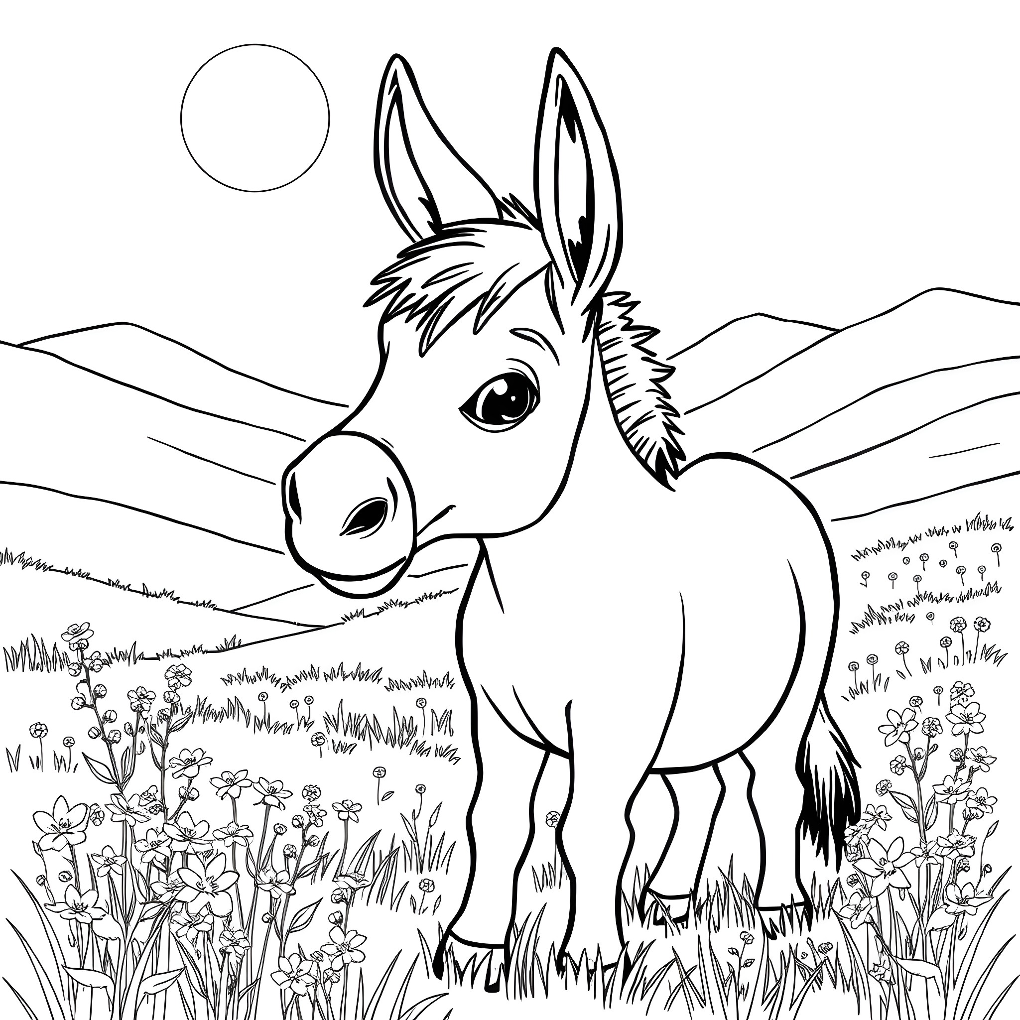 Donkey standing in the field with flowers Coloring Page (free black-and-white line drawing printable PDF for all, from beginners to advanced learners, including children, teens, adults, and seniors)