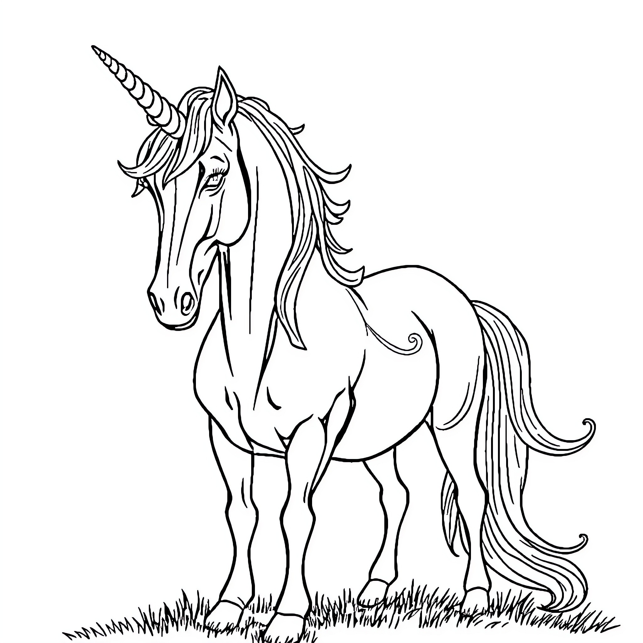 Horse unicorn standing in the field Coloring Page (free black-and-white line drawing printable PDF for all, from beginners to advanced learners, including children, teens, adults, and seniors)