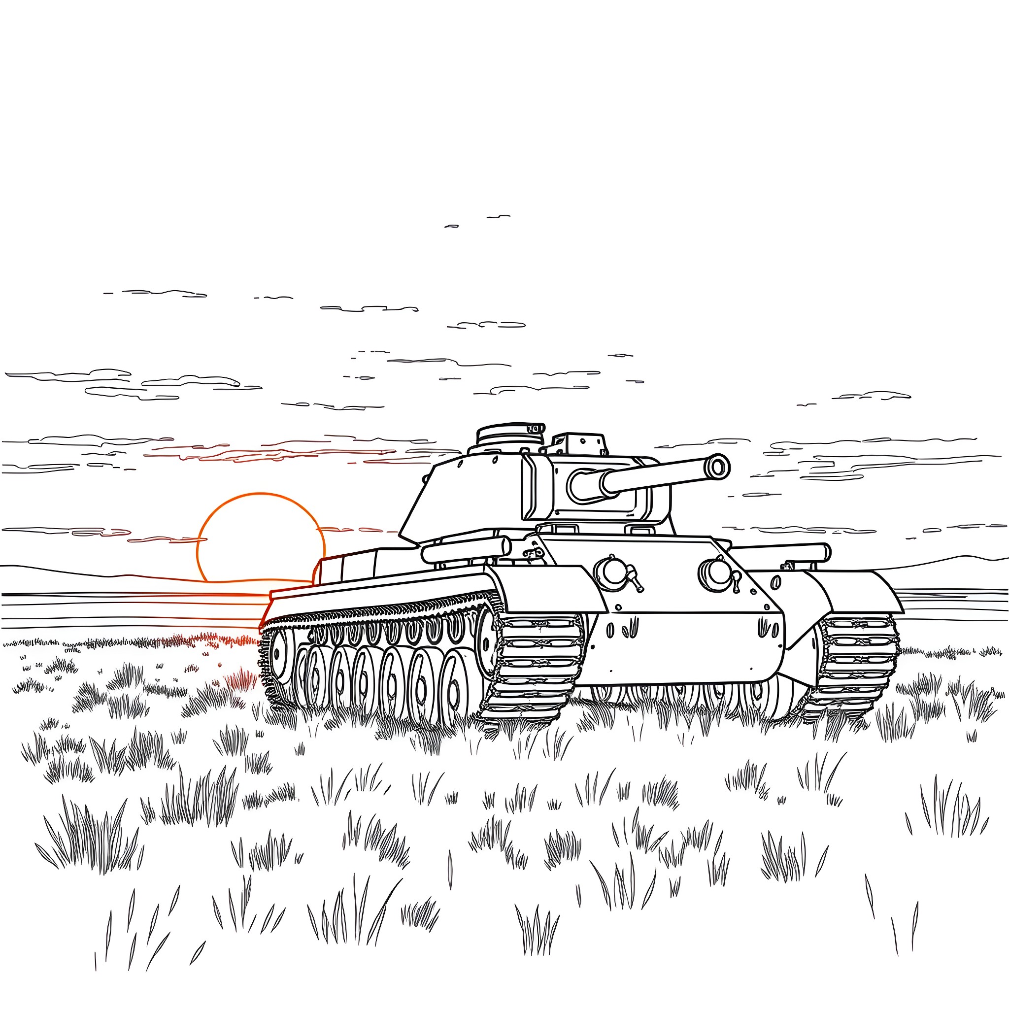 Tank on the Battlefield at Sunset Coloring Page (free black-and-white line drawing printable PDF for all, from beginners to advanced learners, including children, teens, adults, and seniors)