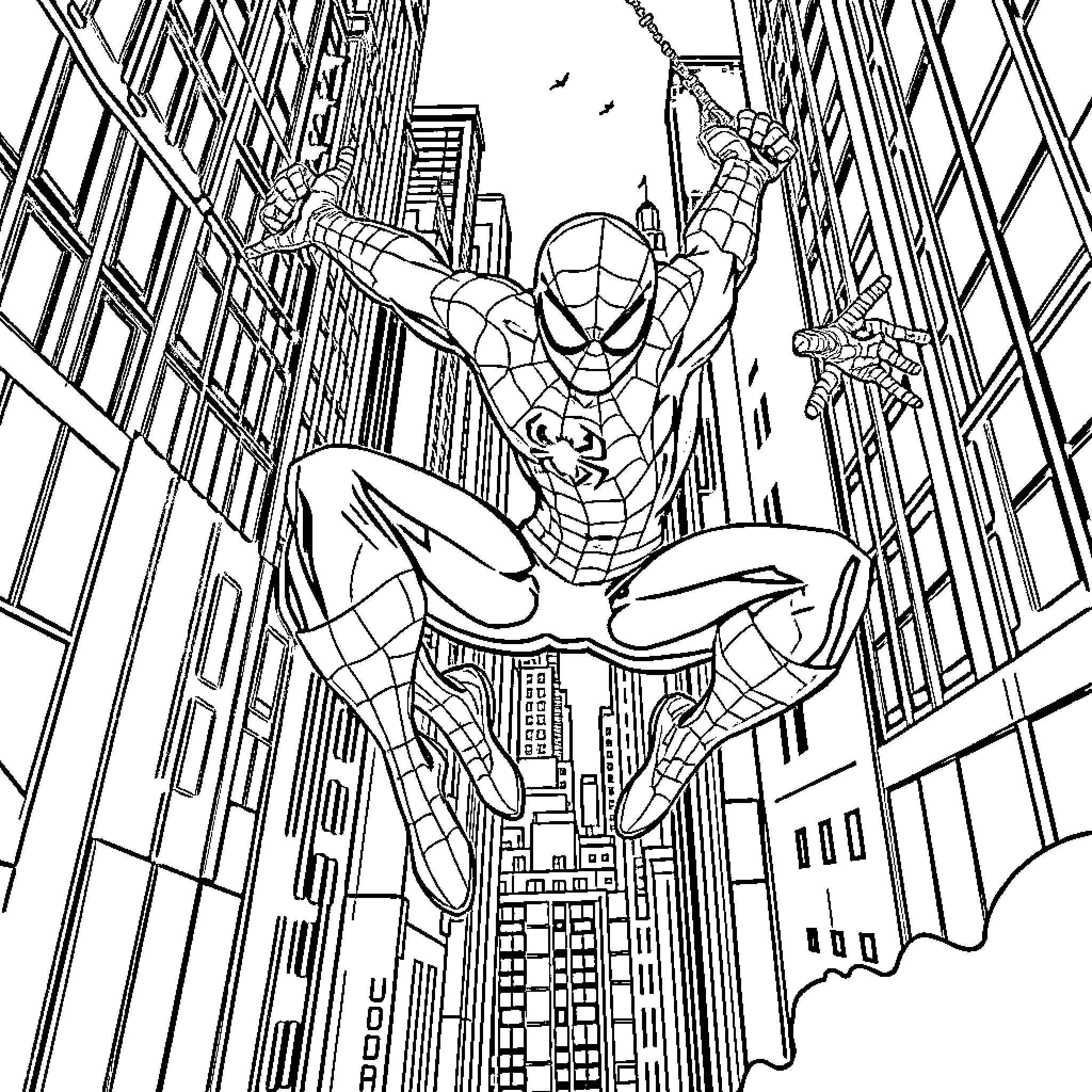 Spiderman swinging through the city skyline Coloring Page (free black-and-white line drawing printable PDF for all, from beginners to advanced learners, including children, teens, adults, and seniors)