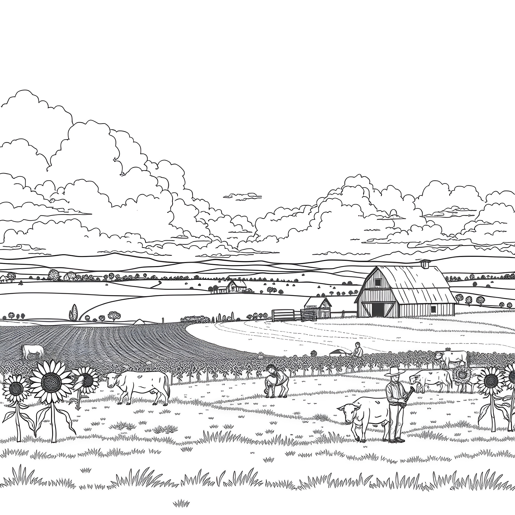 Agriculture Scene with Farmland, Livestock, and Clouds Coloring Page (free black-and-white line drawing printable PDF for all, from beginners to advanced learners, including children, teens, adults, and seniors)