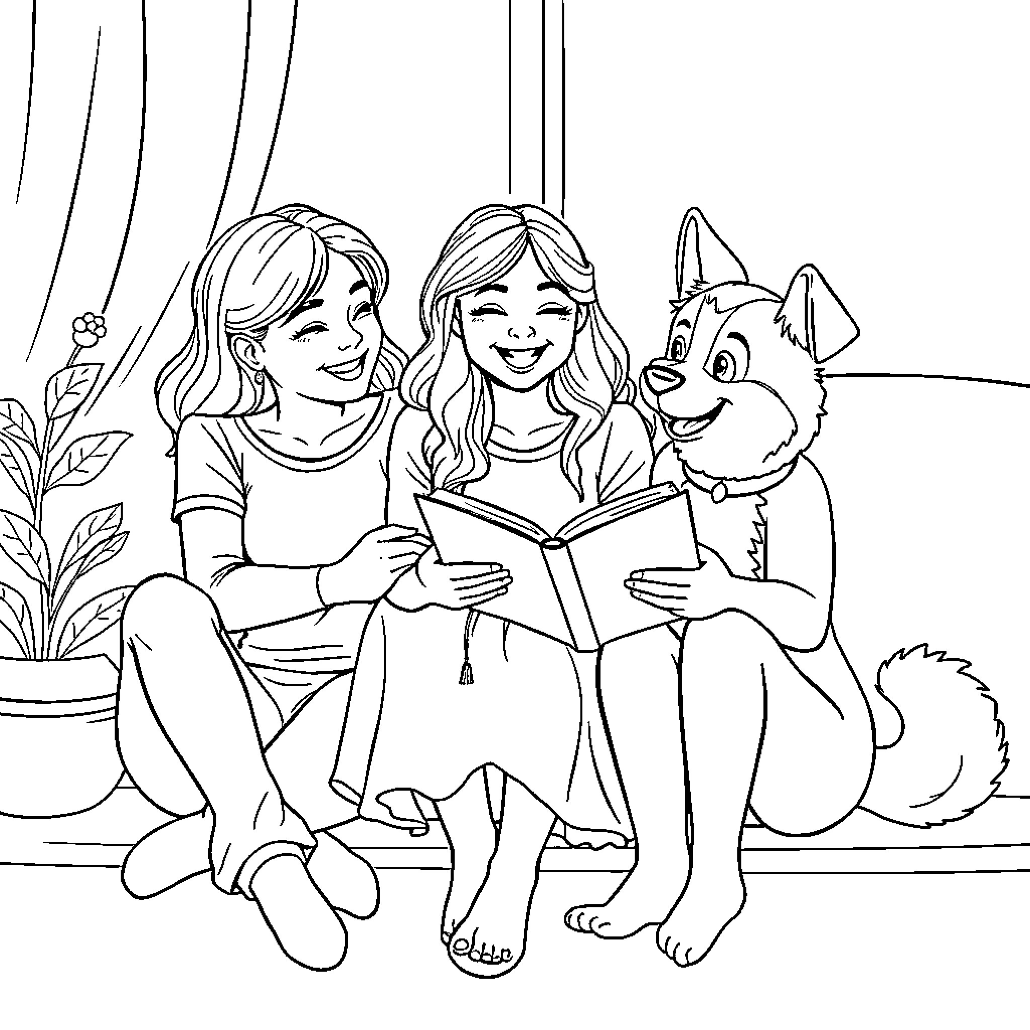 Zoë and friend reading a book with a puppy Coloring Page (free black-and-white line drawing printable PDF for all, from beginners to advanced learners, including children, teens, adults, and seniors)