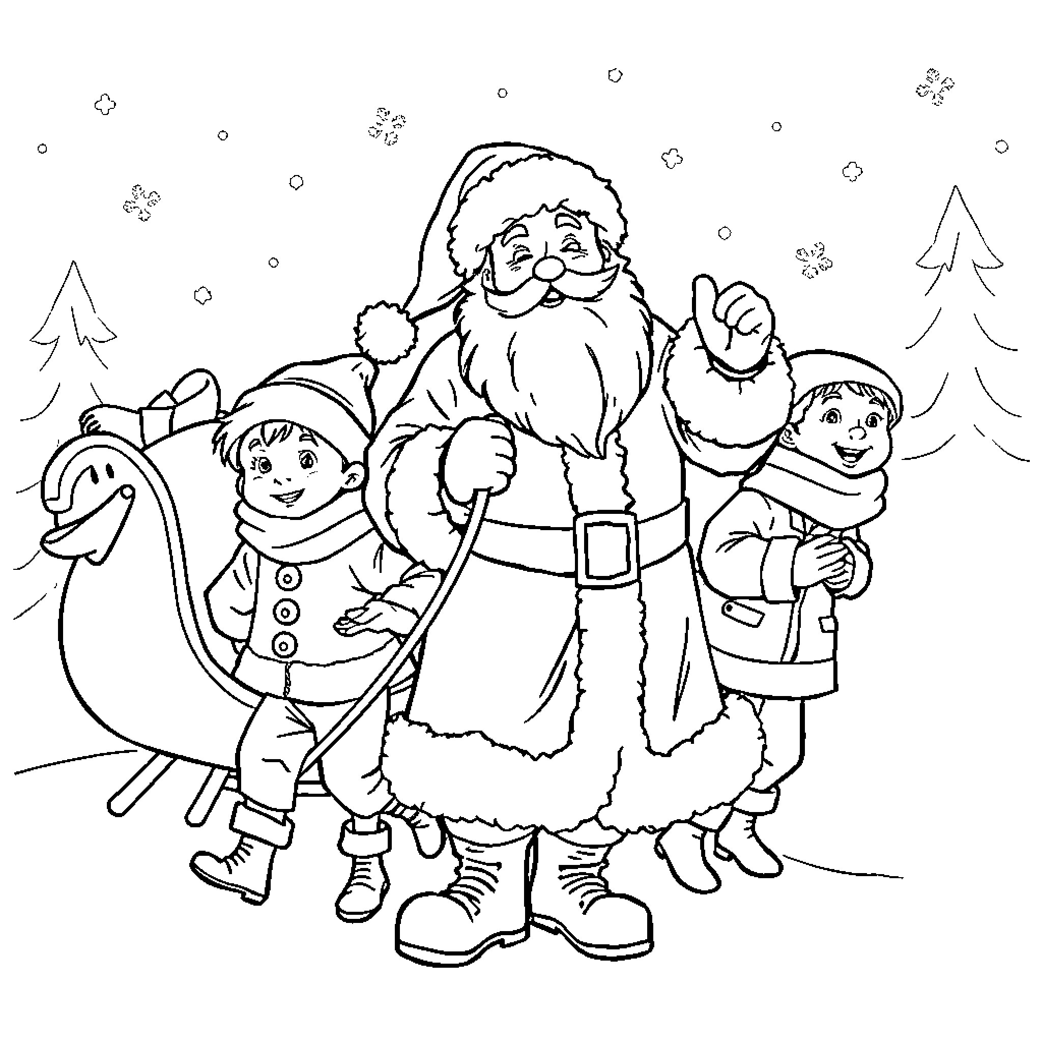 Père Noël and children in winter wonderland Coloring Page (free black-and-white line drawing printable PDF for all, from beginners to advanced learners, including children, teens, adults, and seniors)