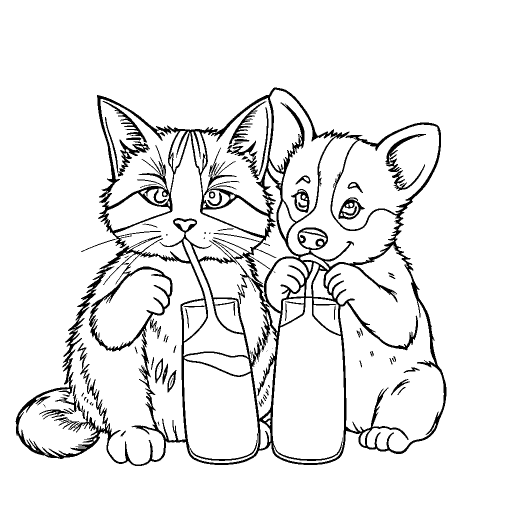Cat and Puppy Friends Enjoying Beverages Coloring Page (free black-and-white line drawing printable PDF for all, from beginners to advanced learners, including children, teens, adults, and seniors)