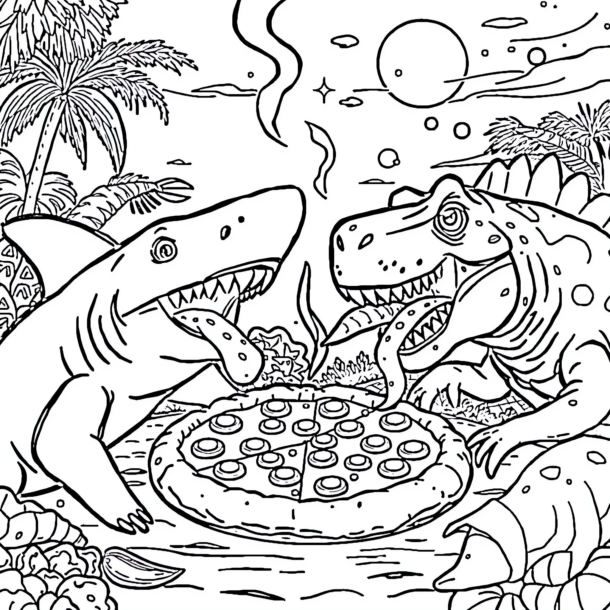 Shark-themed tropical underwater scene Coloring Page (free black-and-white line drawing printable PDF for all, from beginners to advanced learners, including children, teens, adults, and seniors)