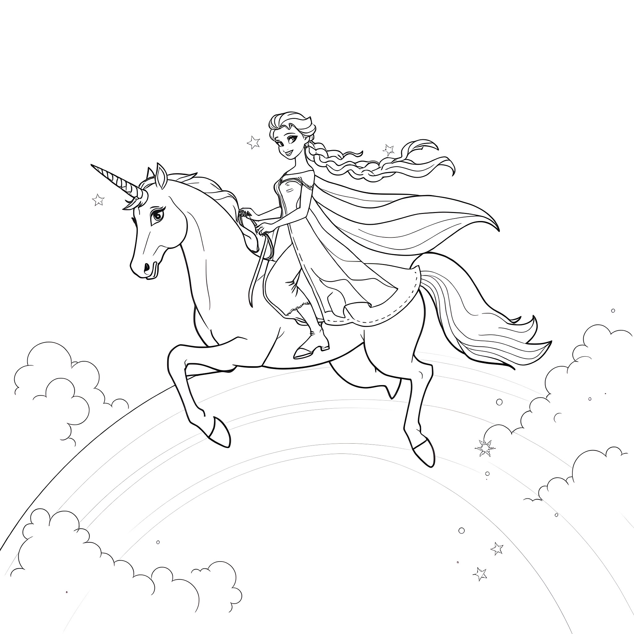 Elsa riding a magical unicorn in the clouds Coloring Page (free black-and-white line drawing printable PDF for all, from beginners to advanced learners, including children, teens, adults, and seniors)