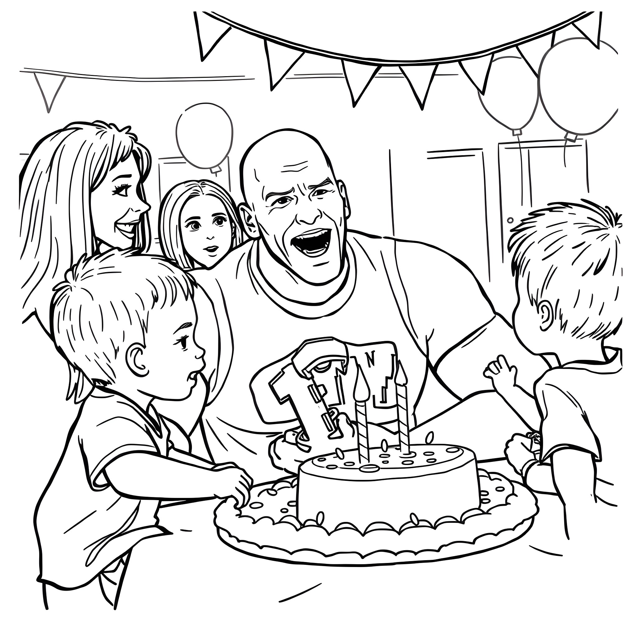 John Cena celebrating birthday with family Coloring Page (free black-and-white line drawing printable PDF for all, from beginners to advanced learners, including children, teens, adults, and seniors)