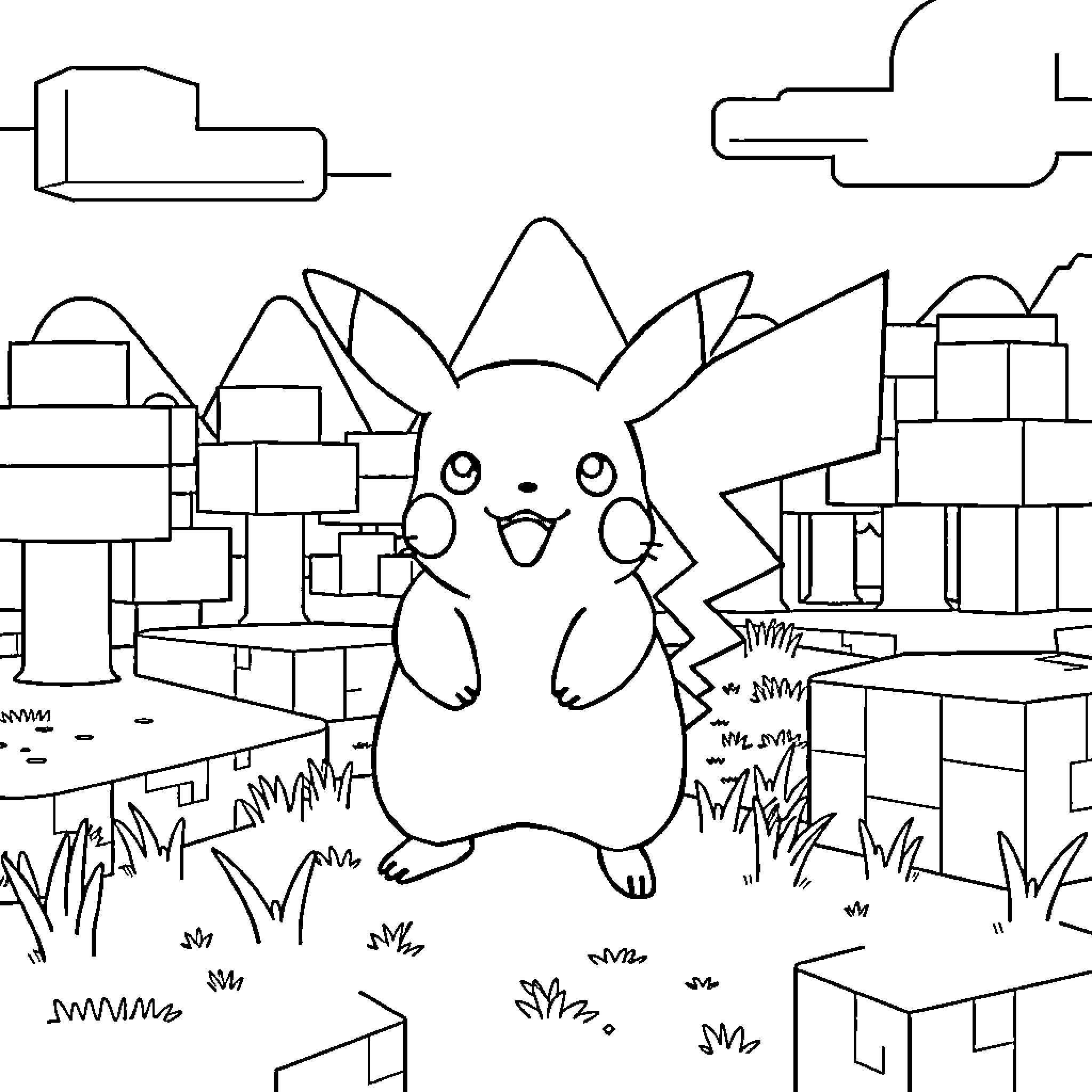 Pikachu explores the cityscape with curiosity Coloring Page (free black-and-white line drawing printable PDF for all, from beginners to advanced learners, including children, teens, adults, and seniors)