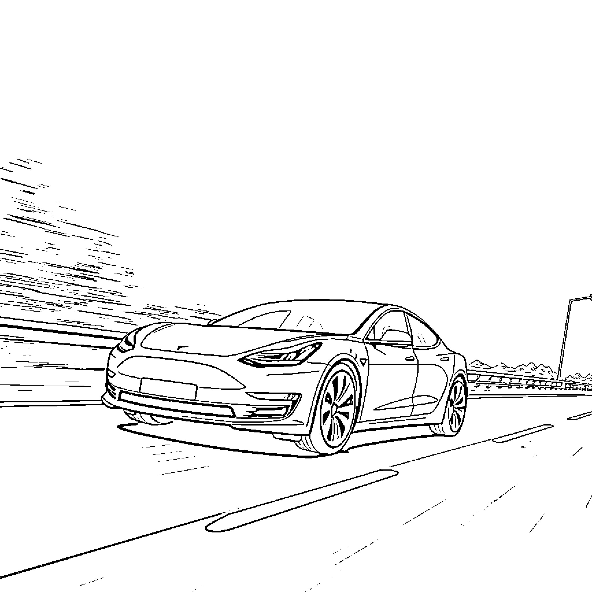 Tesla electric car speeding on the road Coloring Page (free black-and-white line drawing printable PDF for all, from beginners to advanced learners, including children, teens, adults, and seniors)