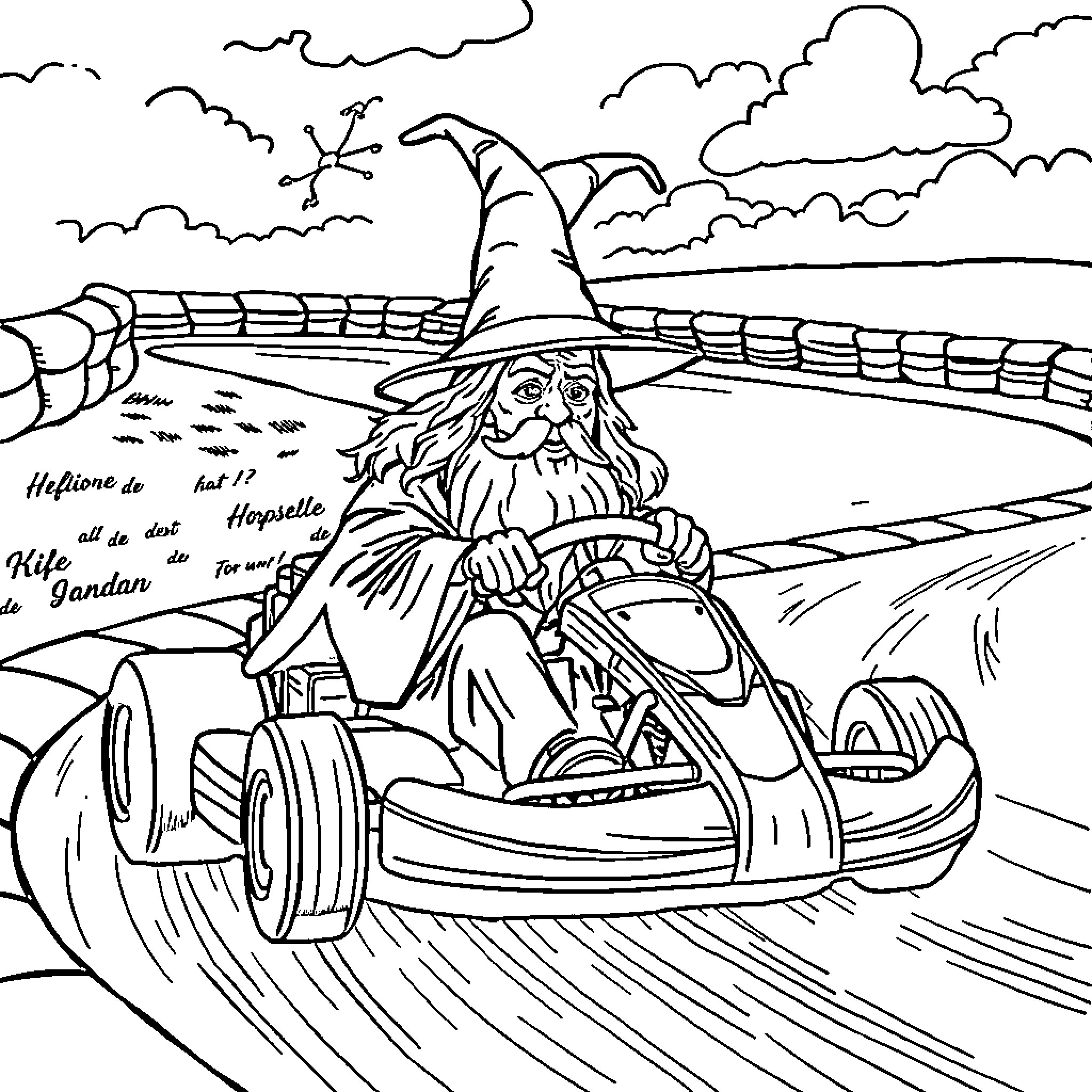 Gandalf racing in a go-kart through a magical landscape Coloring Page (free black-and-white line drawing printable PDF for all, from beginners to advanced learners, including children, teens, adults, and seniors)