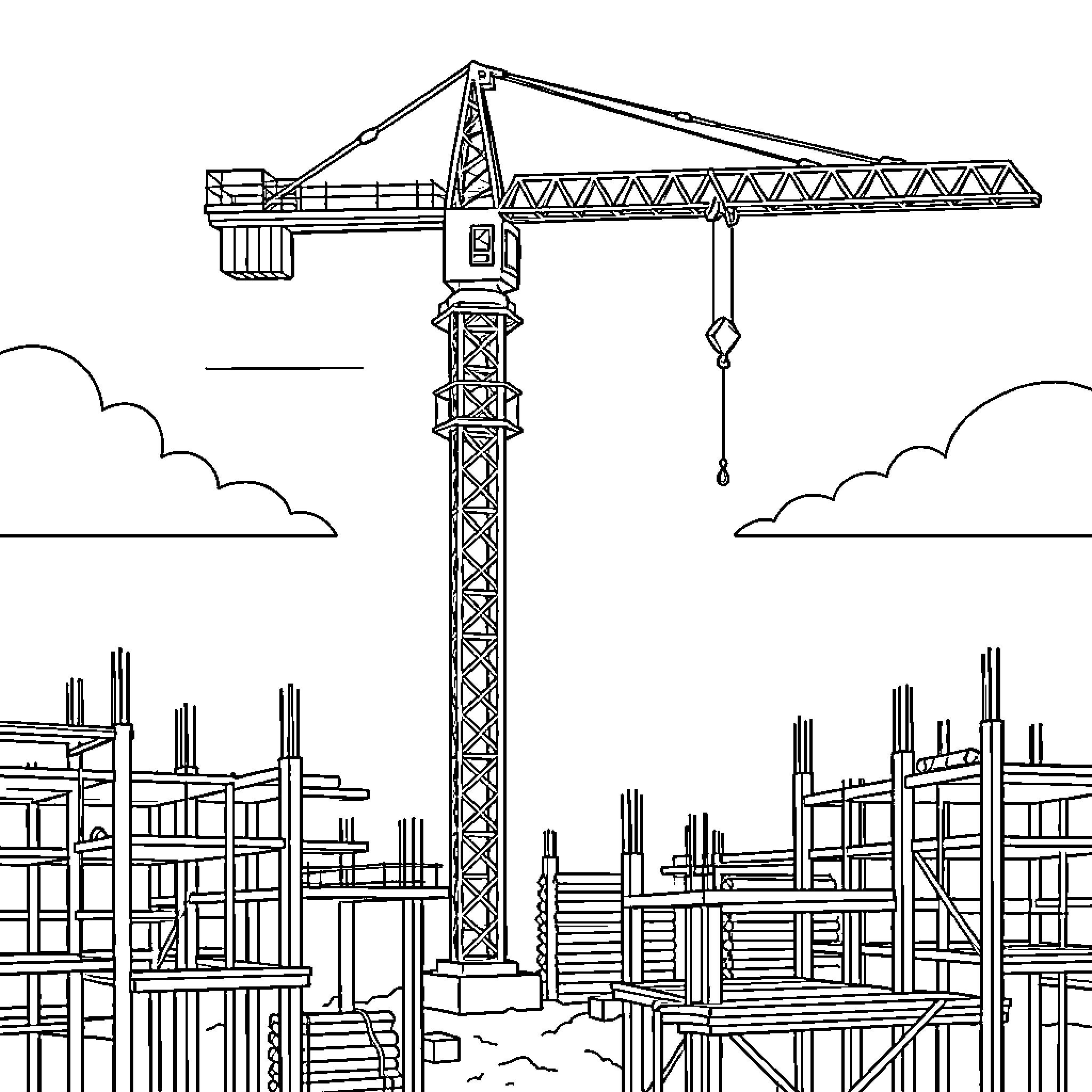 Crane standing tall at a busy construction site Coloring Page (free black-and-white line drawing printable PDF for all, from beginners to advanced learners, including children, teens, adults, and seniors)