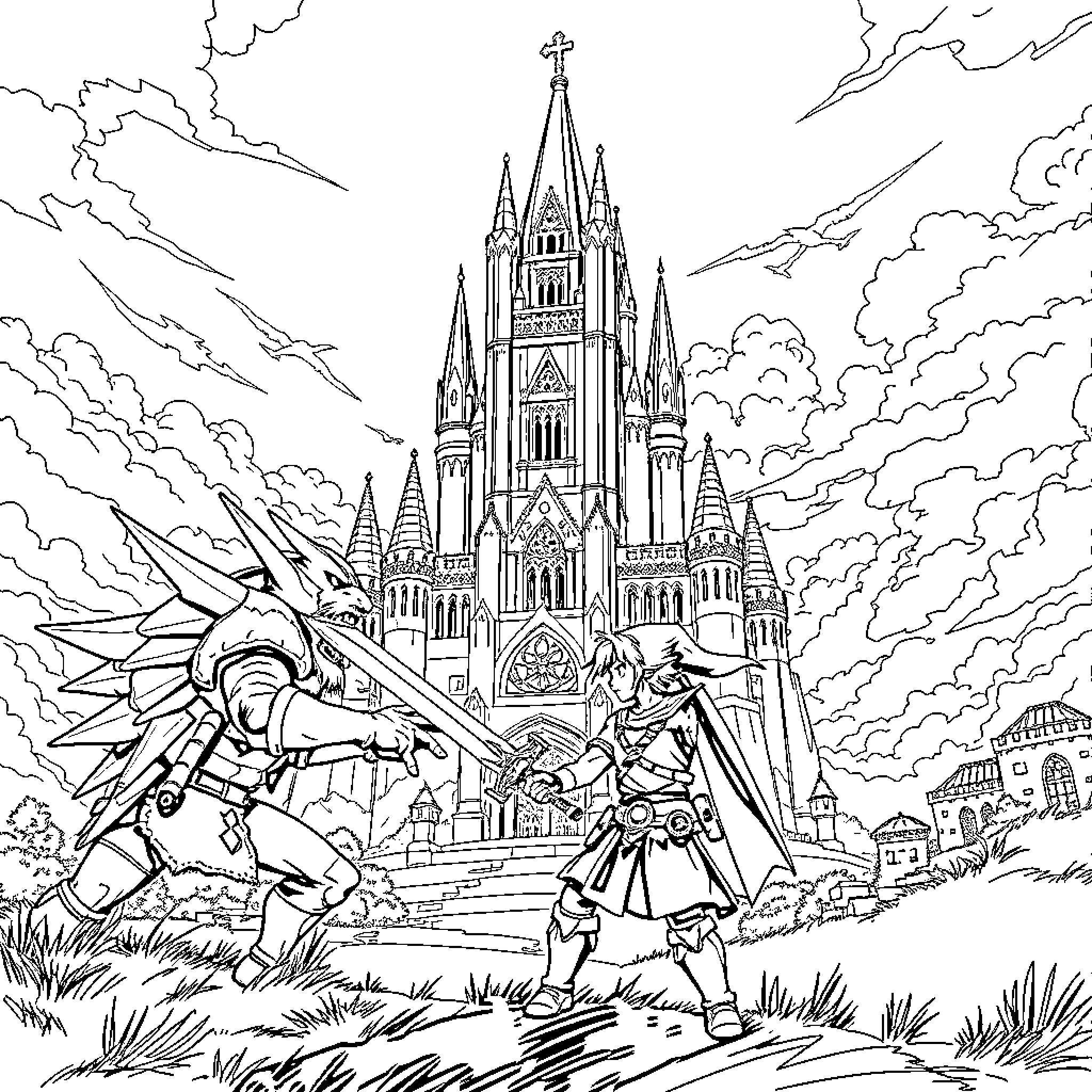 Link's Epic Quest to the Majestic Castle Coloring Page (free black-and-white line drawing printable PDF for all, from beginners to advanced learners, including children, teens, adults, and seniors)
