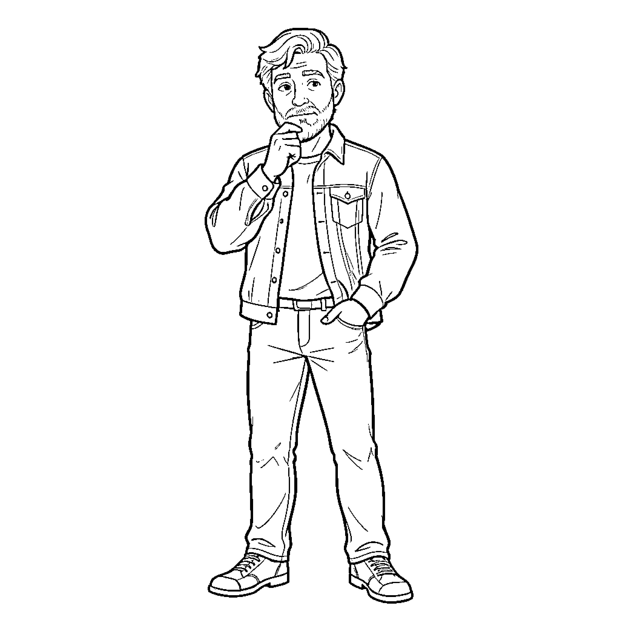 Christophe Vossel thinking deeply while standing casually Coloring Page (free black-and-white line drawing printable PDF for all, from beginners to advanced learners, including children, teens, adults, and seniors)