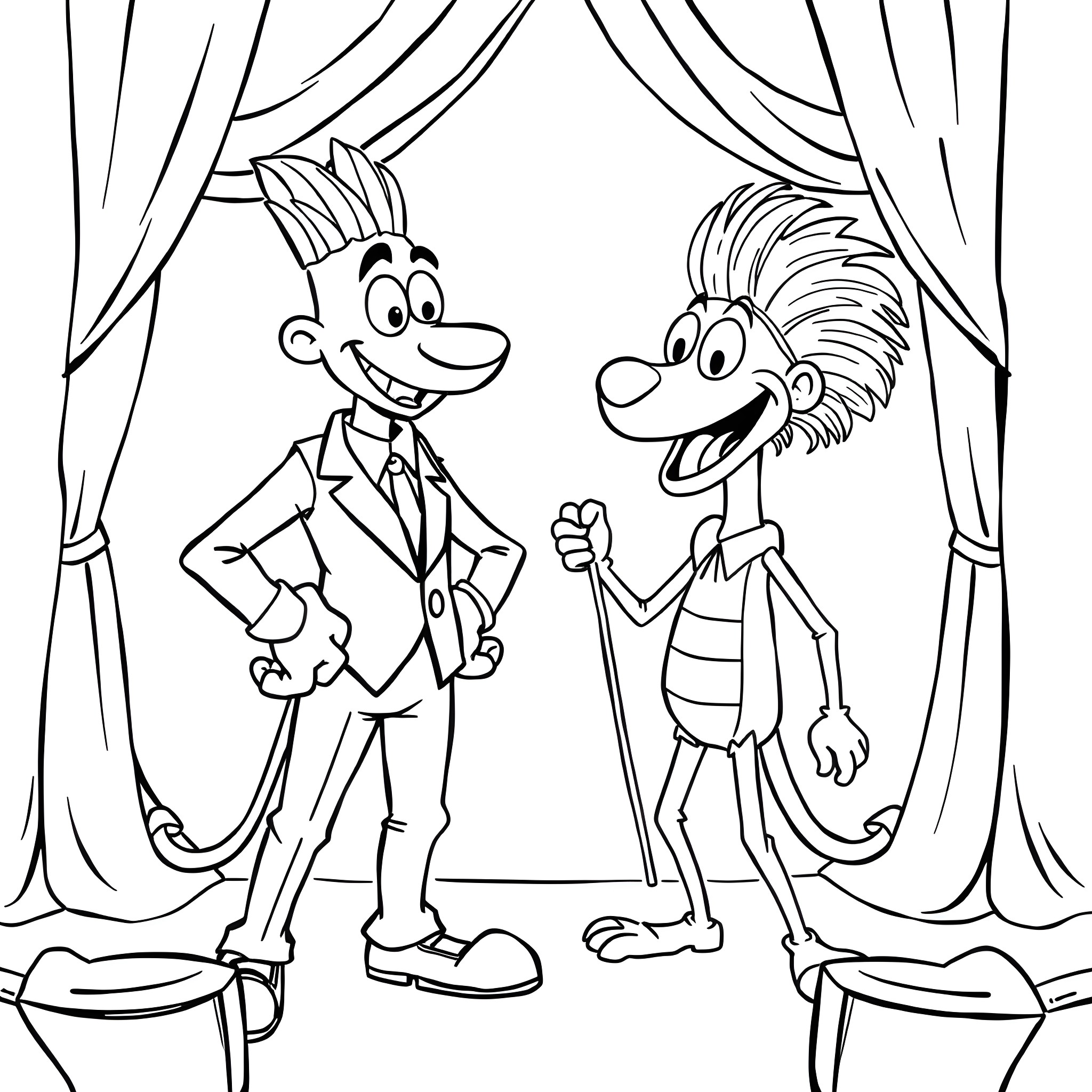 Basil's Theatrical Adventure Coloring Page (free black-and-white line drawing printable PDF for all, from beginners to advanced learners, including children, teens, adults, and seniors)