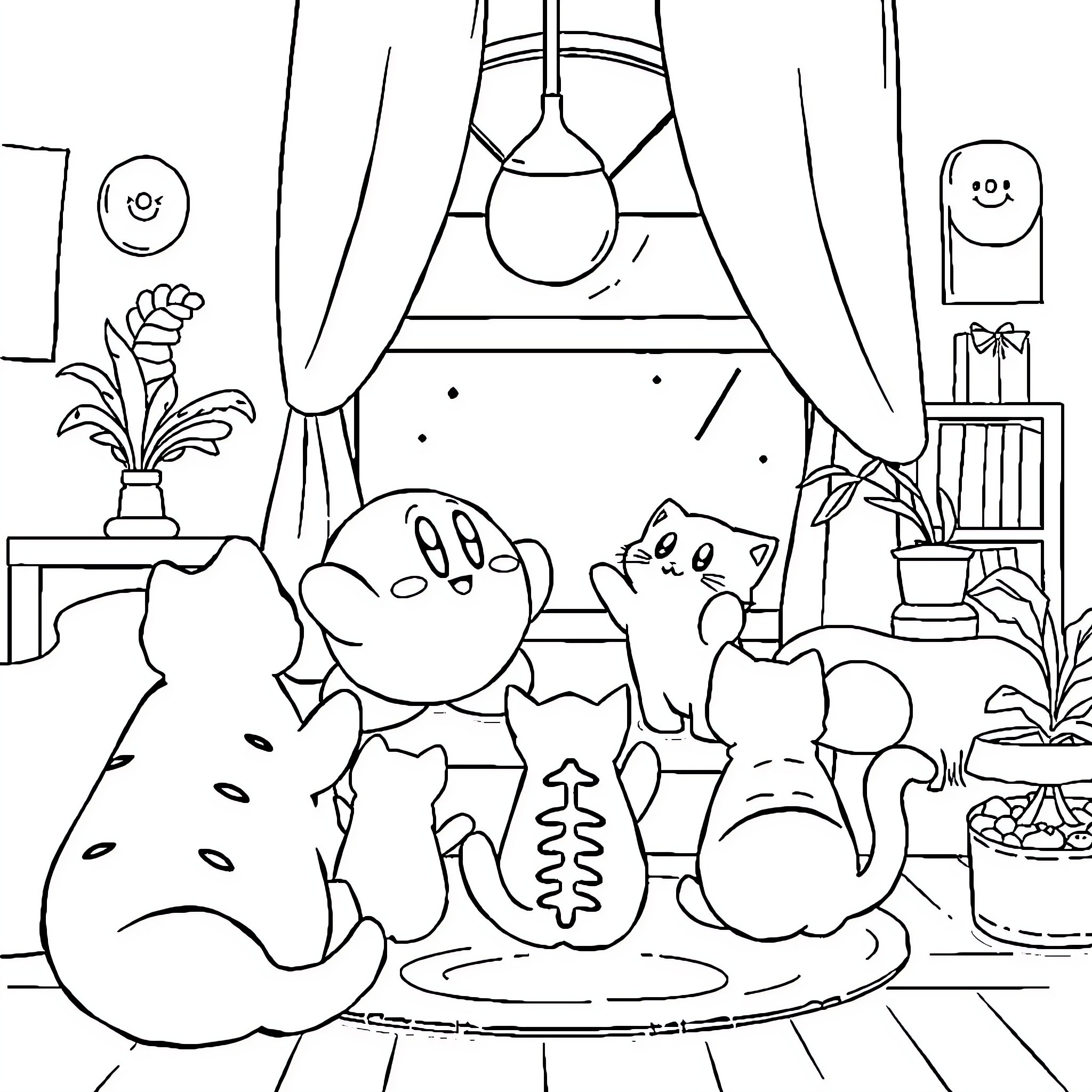 Kirby's Cozy Gathering with Furry Friends Coloring Page (free black-and-white line drawing printable PDF for all, from beginners to advanced learners, including children, teens, adults, and seniors)
