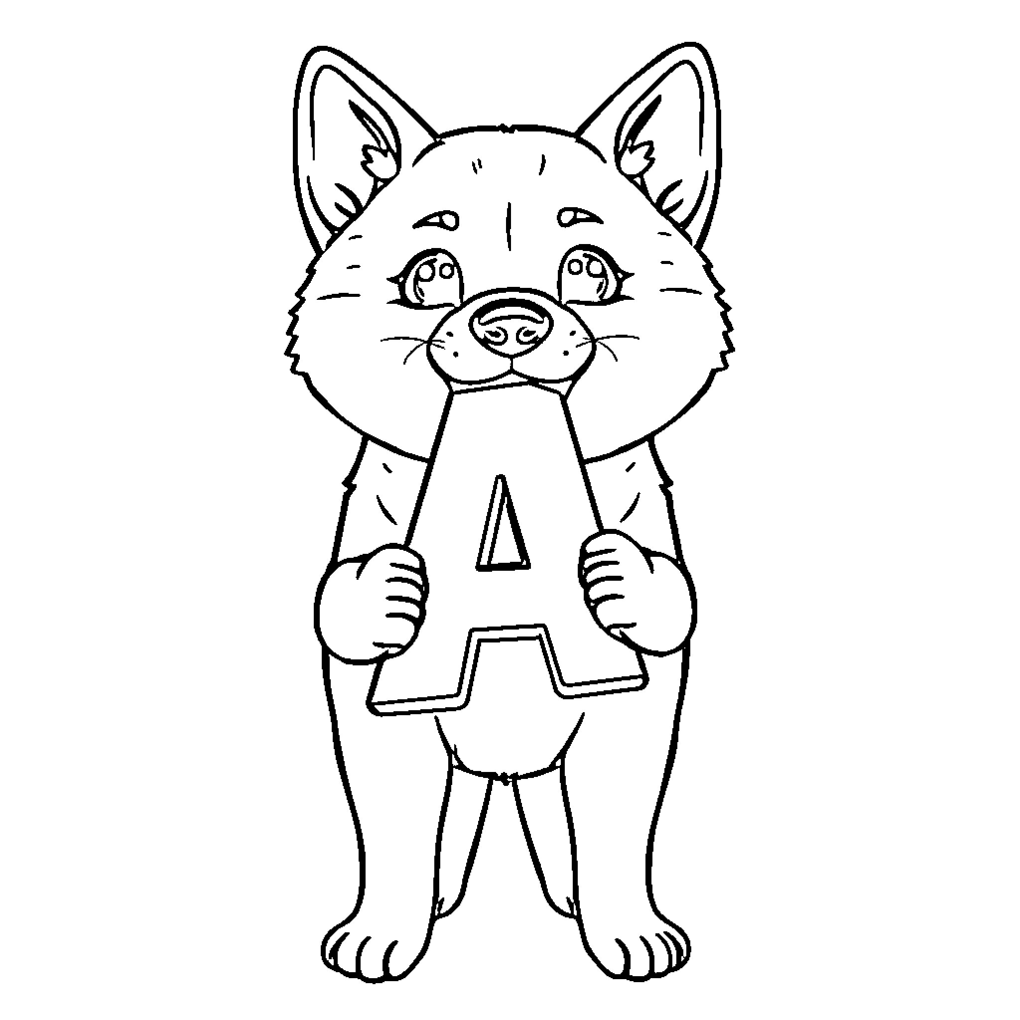 Shiba Inu holding alphabet letter Coloring Page (free black-and-white line drawing printable PDF for all, from beginners to advanced learners, including children, teens, adults, and seniors)