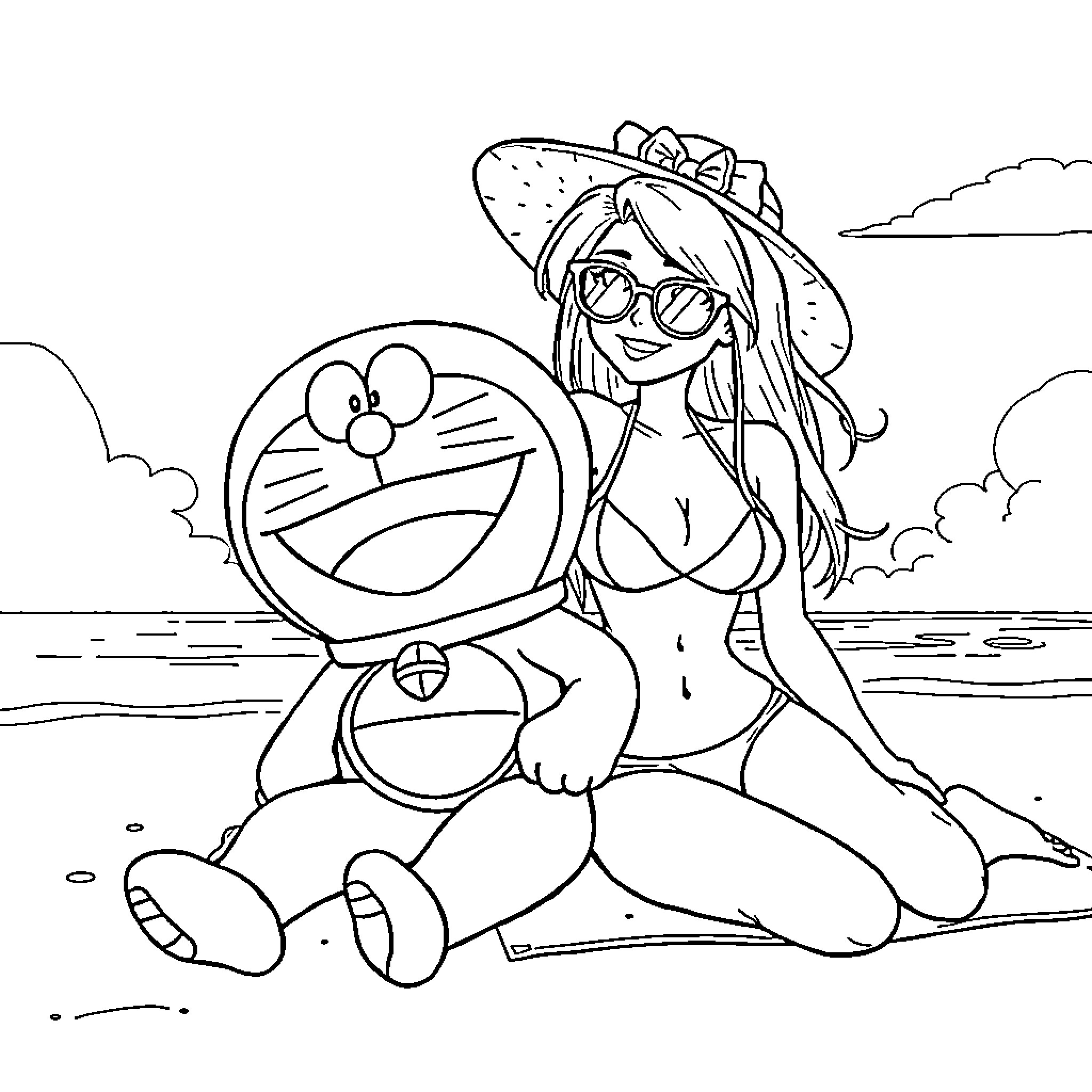 Doraemon and girl enjoying a summer day at the beach Coloring Page (free black-and-white line drawing printable PDF for all, from beginners to advanced learners, including children, teens, adults, and seniors)