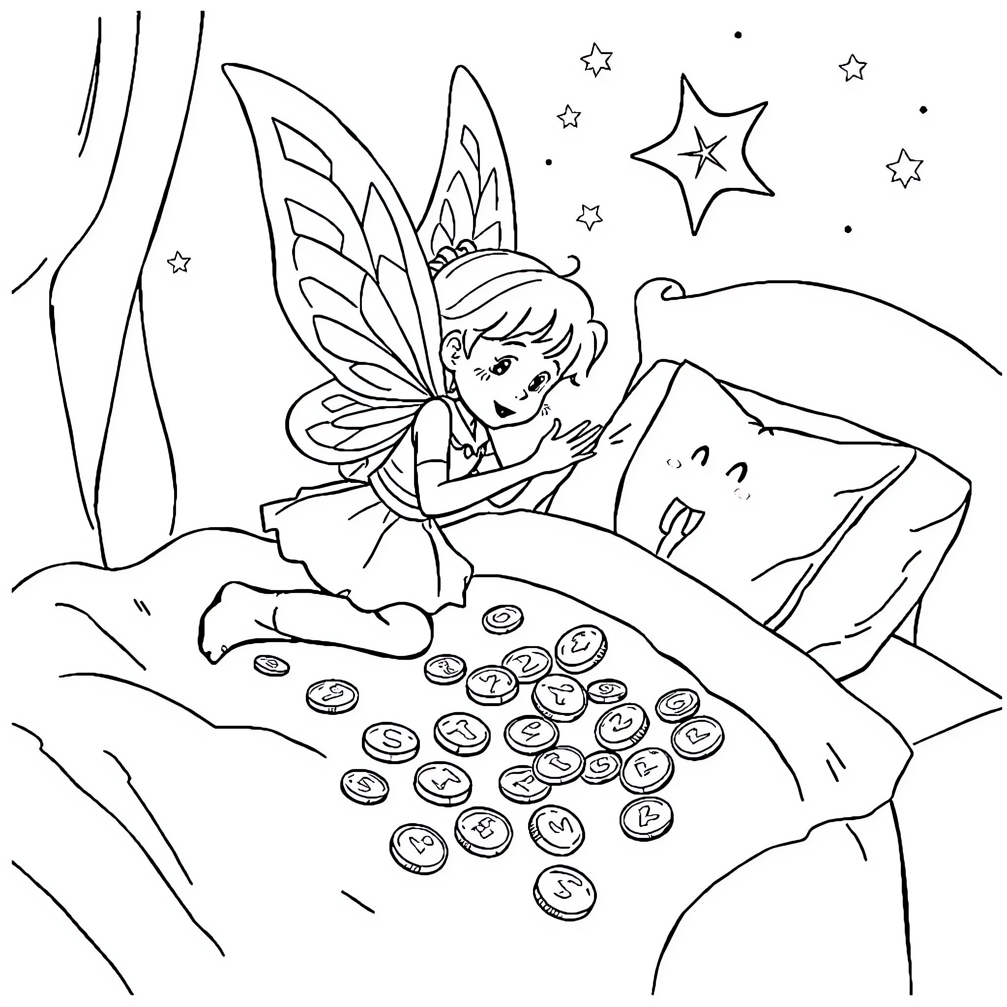 Tooth Fairy counts coins on a pillow at night Coloring Page (free black-and-white line drawing printable PDF for all, from beginners to advanced learners, including children, teens, adults, and seniors)
