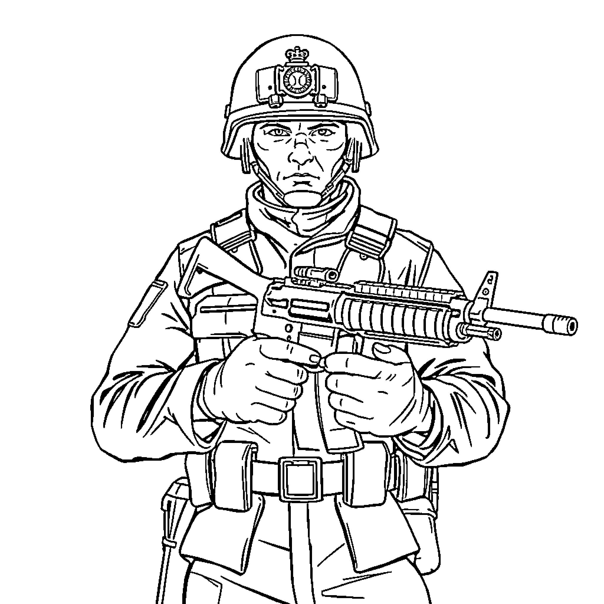 Soldier in combat gear holding assault rifle Coloring Page (free black-and-white line drawing printable PDF for all, from beginners to advanced learners, including children, teens, adults, and seniors)